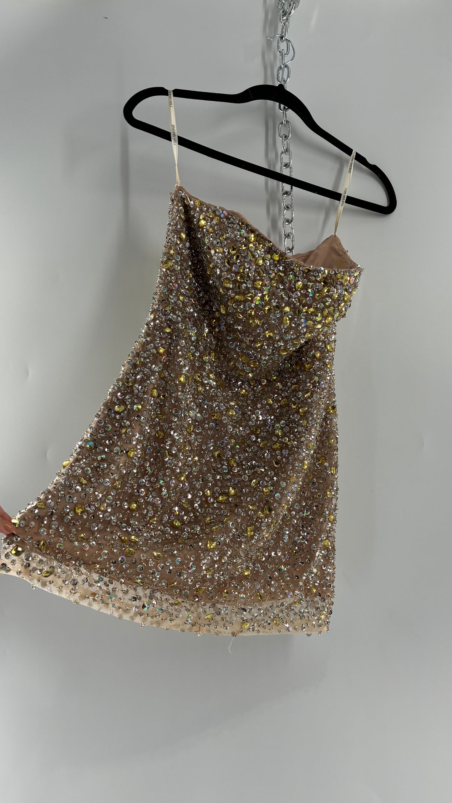 Vintage SHERRI HILL Nude Tan Underlay Mini Dress, Full Bedazzled and Covered in Beads  (6)