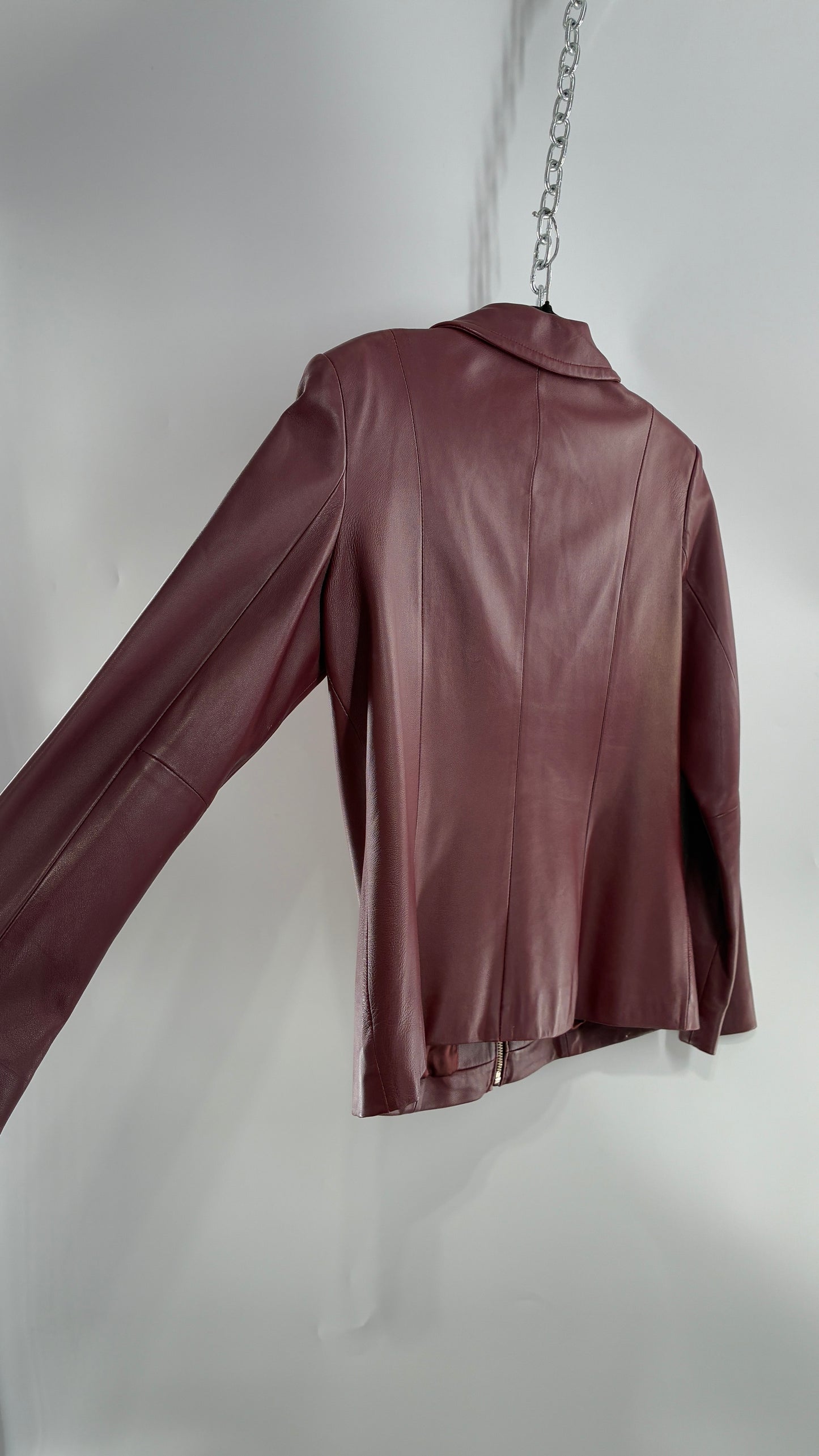 Vintage Lord & Taylor Burgundy Maroon Leather Zip Up Jacket (Small)