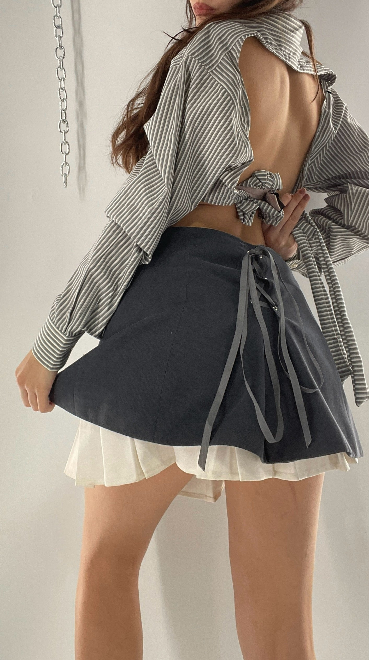 CUSTOM Handmade 2pc Suit Set Gray/Blue with Open Corset Back Skirt and Cropped Jacket (One Size)