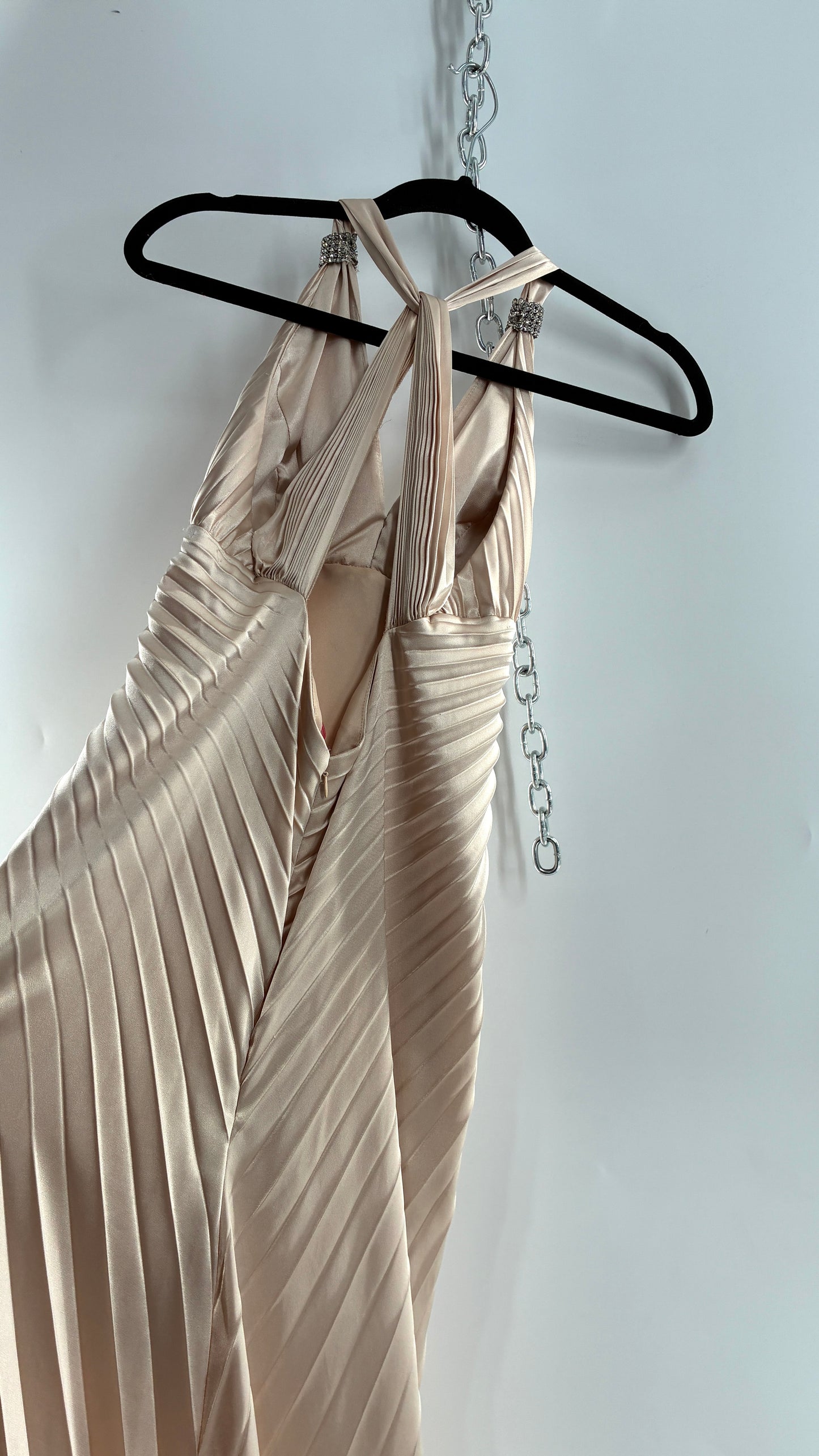 Vintage ISSUE Pleated Champagne Gown with Vented Slit Front, Crystal Bust Appliqué and Strap Cuffs (2)
