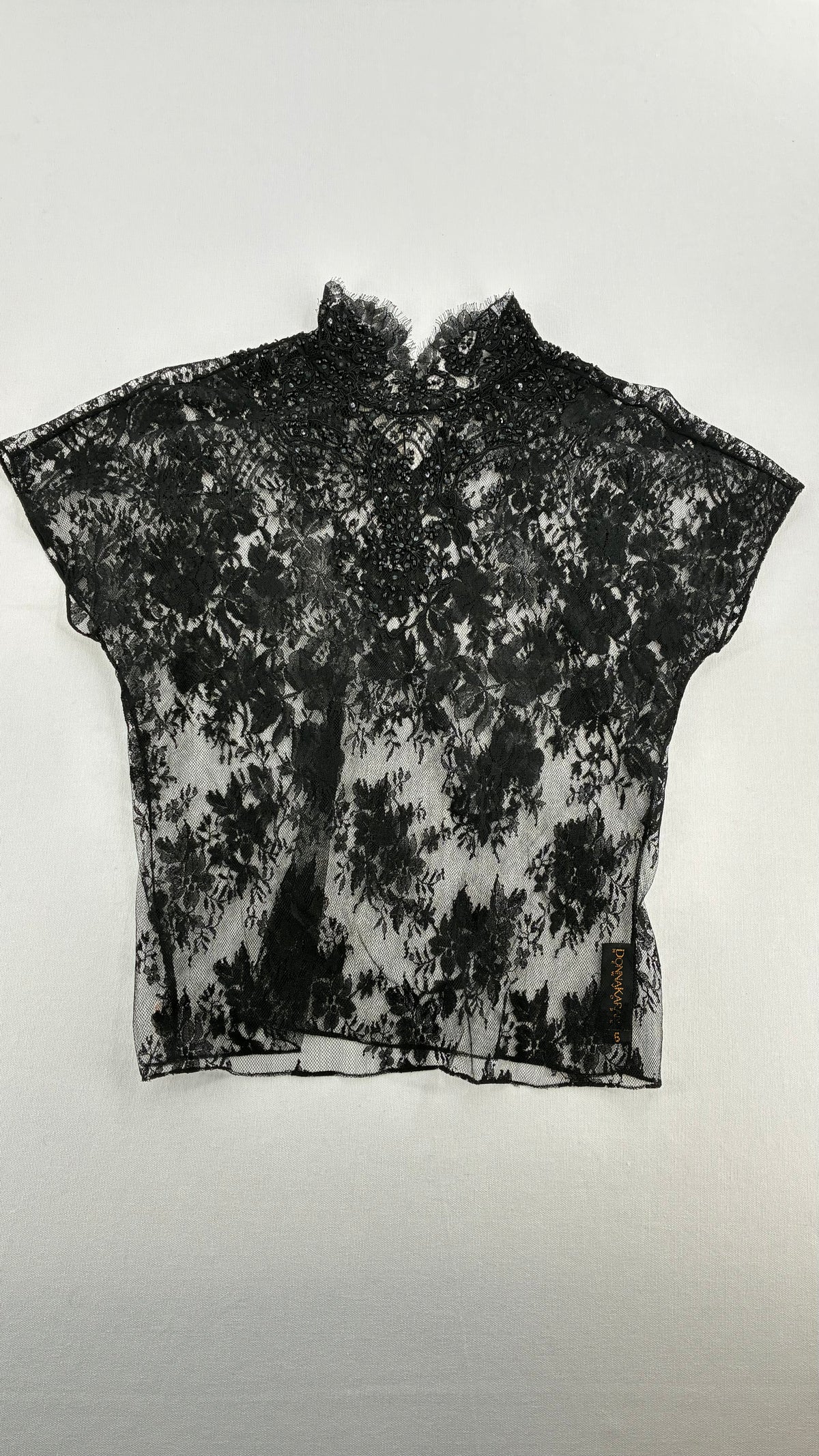 Vintage DONNA KARAN New York Ombré Floral Lace Mock Neck Beaded Blouse (6)