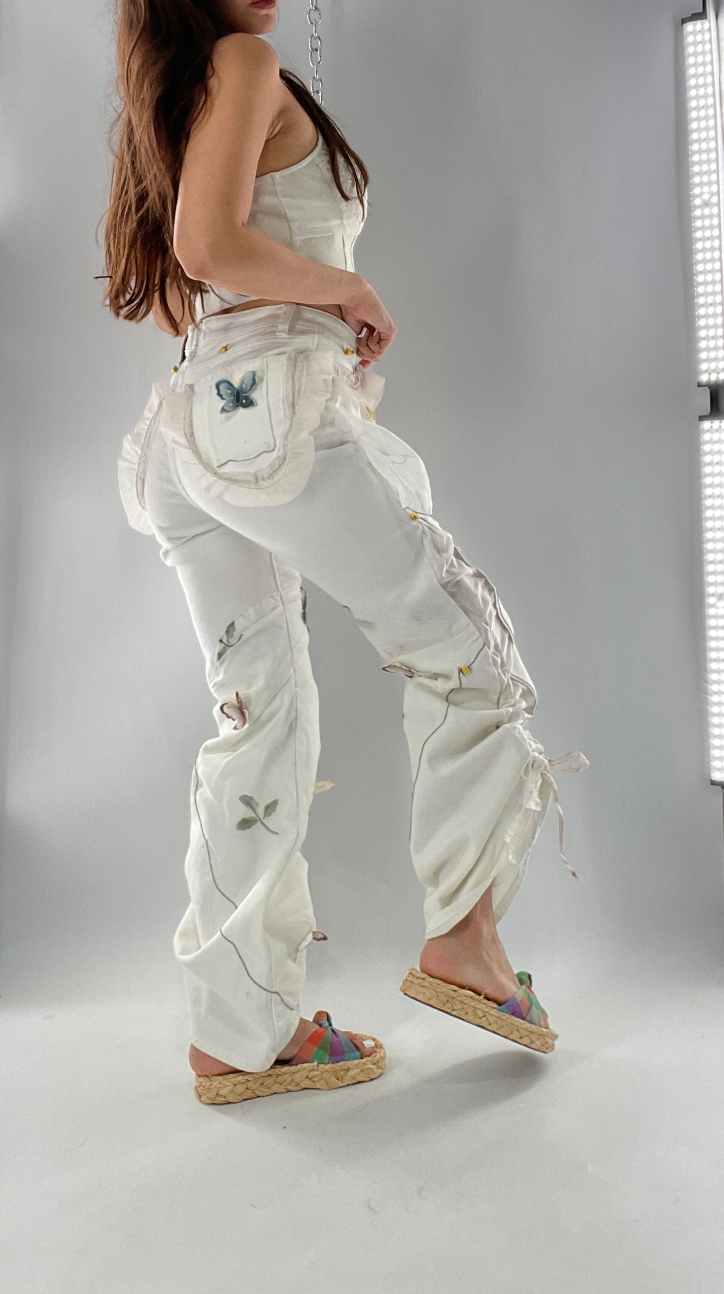 Remade Upcycled Lee White Jeans with Drawstring Adjustable Length, Lace Trim Pockets, Embroidery and Appliqué Details (27)
