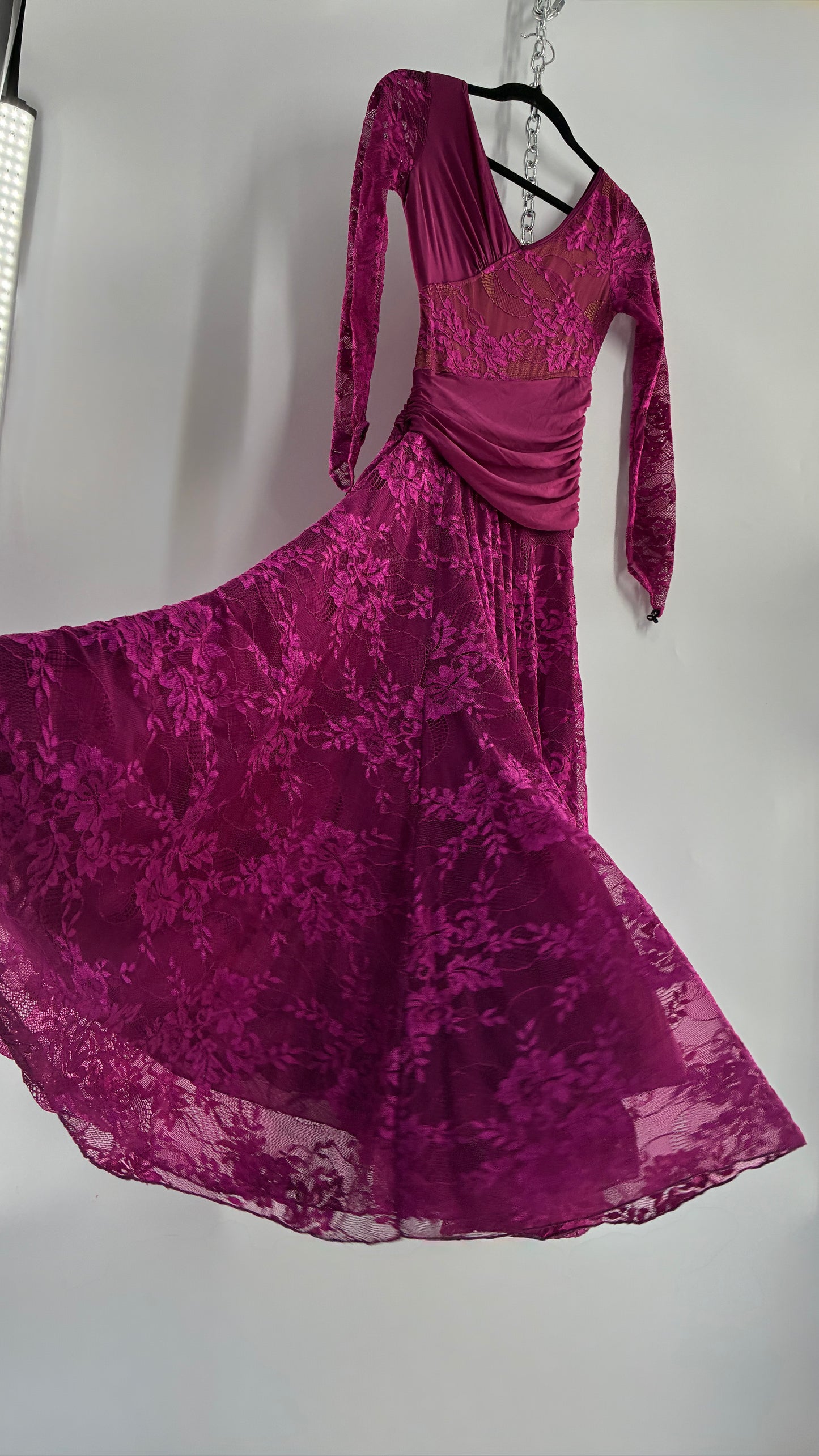 Vintage Fuchsia Flamenco, Lace and Mesh Paneled Gown with Gloved Hand Detail (Small)