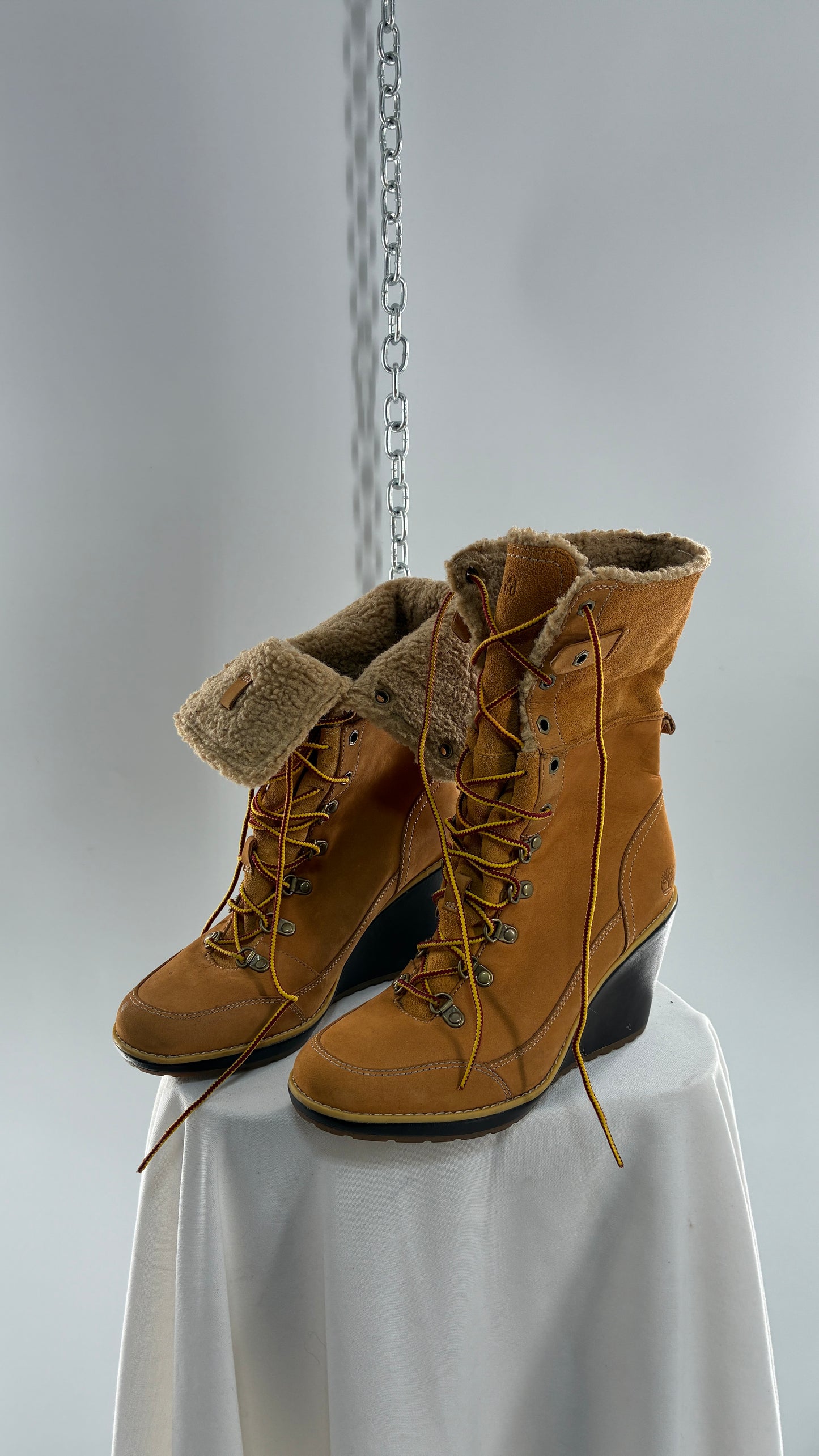 Vintage TIMBERLAND Wedge Boots Suede Leather Tie Up Heels (7.5)