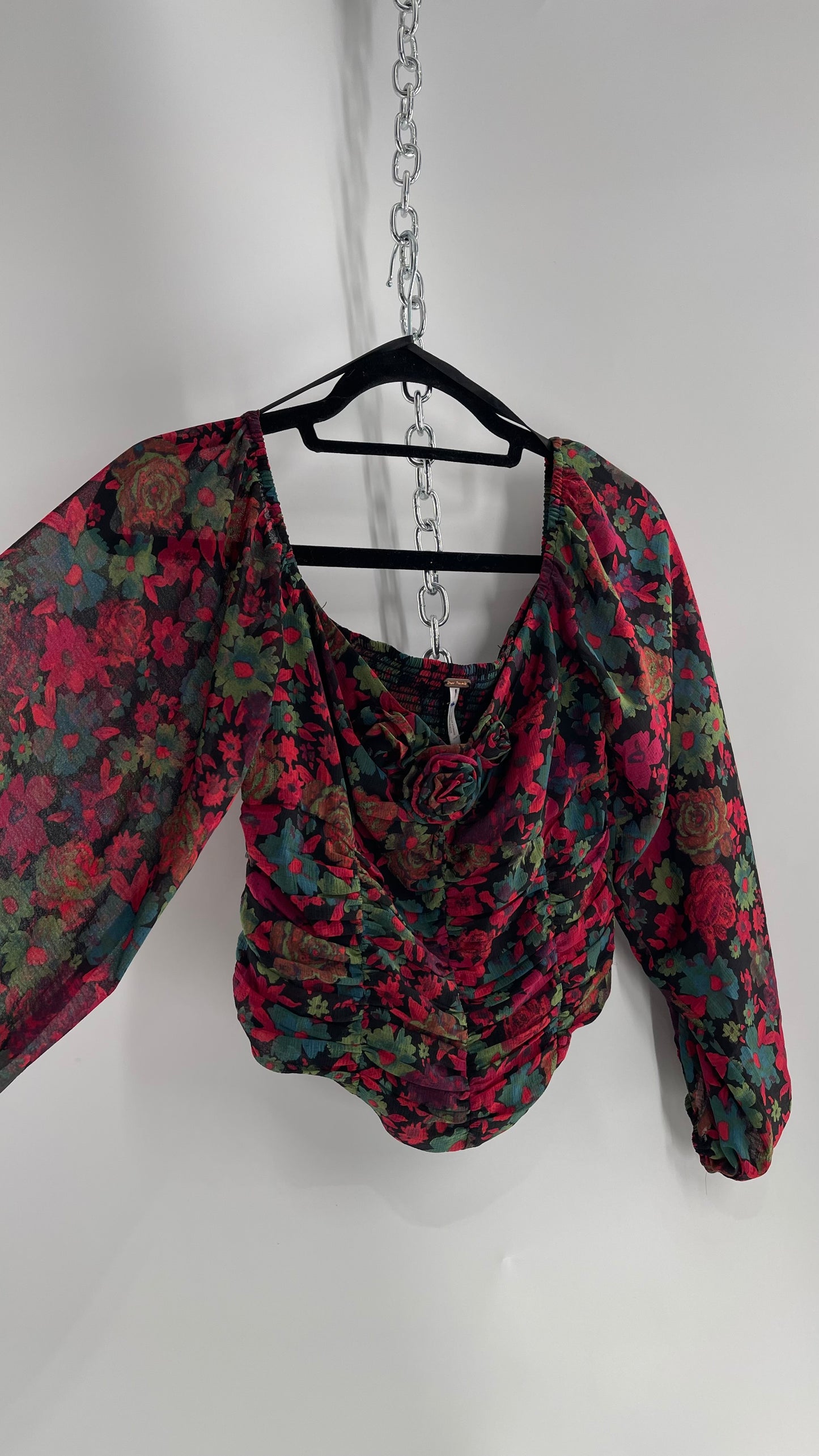 Free People Cropped Floral Blouse with Ruched Body, Balloon Sleeves and Appliqué Rosette Bustline with Tags Attached (Small)