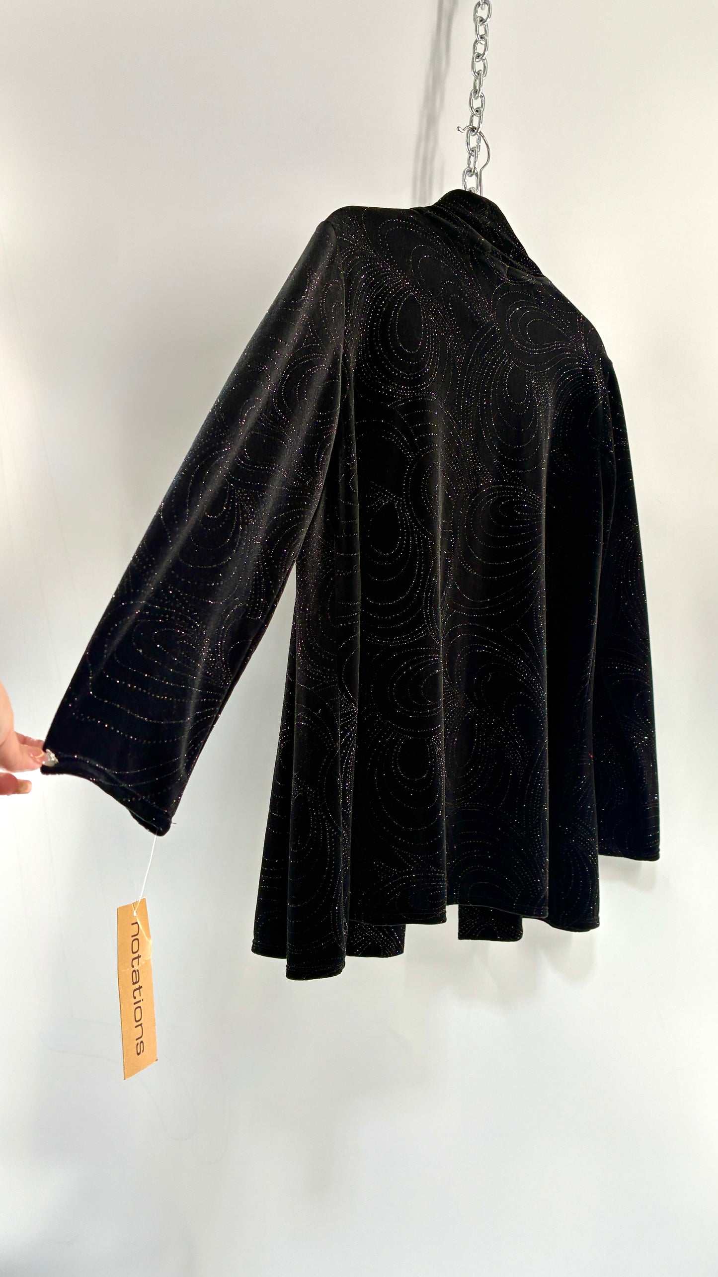 Deadstock Vintage NOTATIONS Black Velvet Glitter Patterned Cardigan (Small)