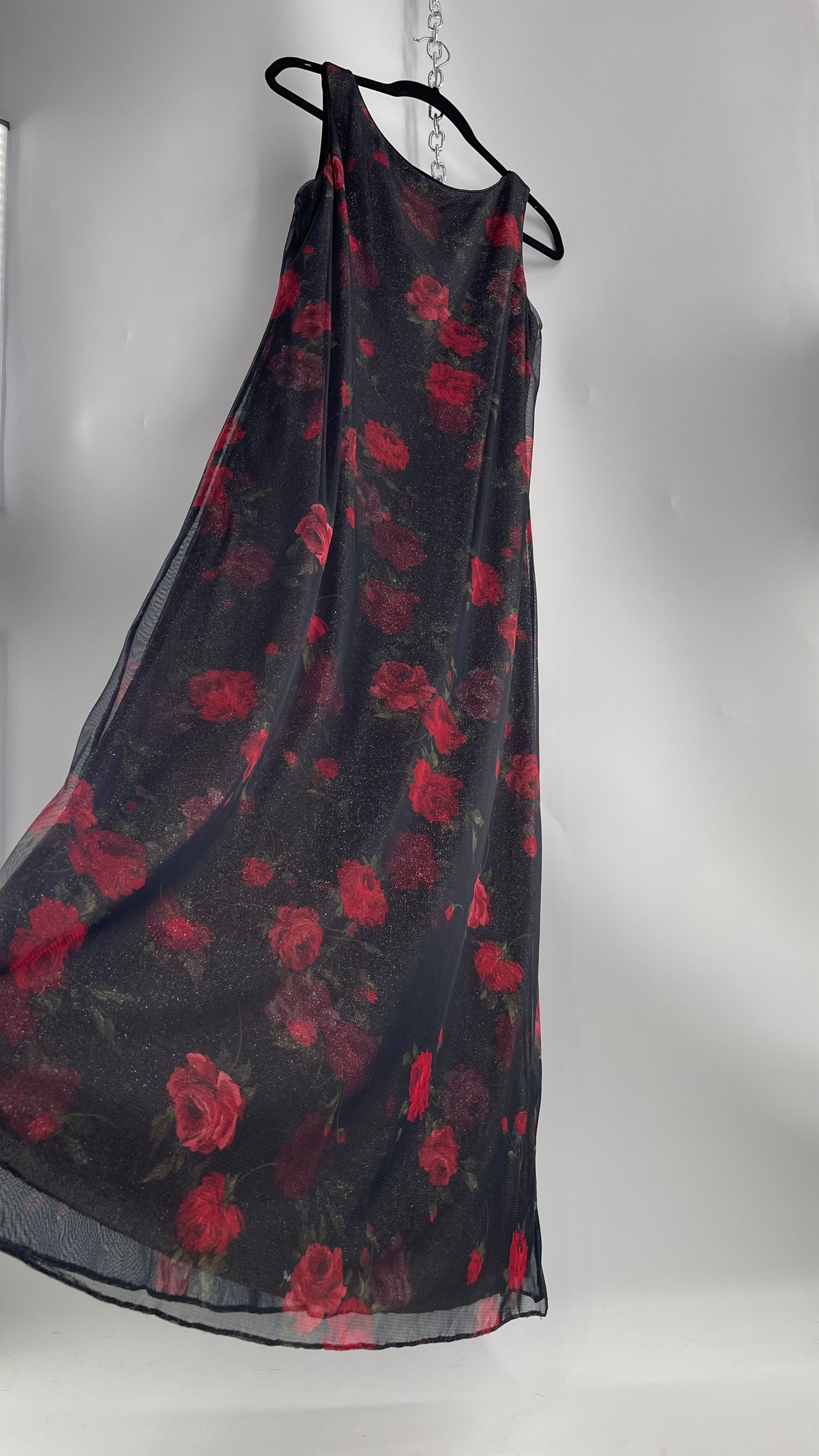 Vintage TEDDI EVENING Dress with Red Rose Layer Over Glitter Graphic and Black Base Layer (10)
