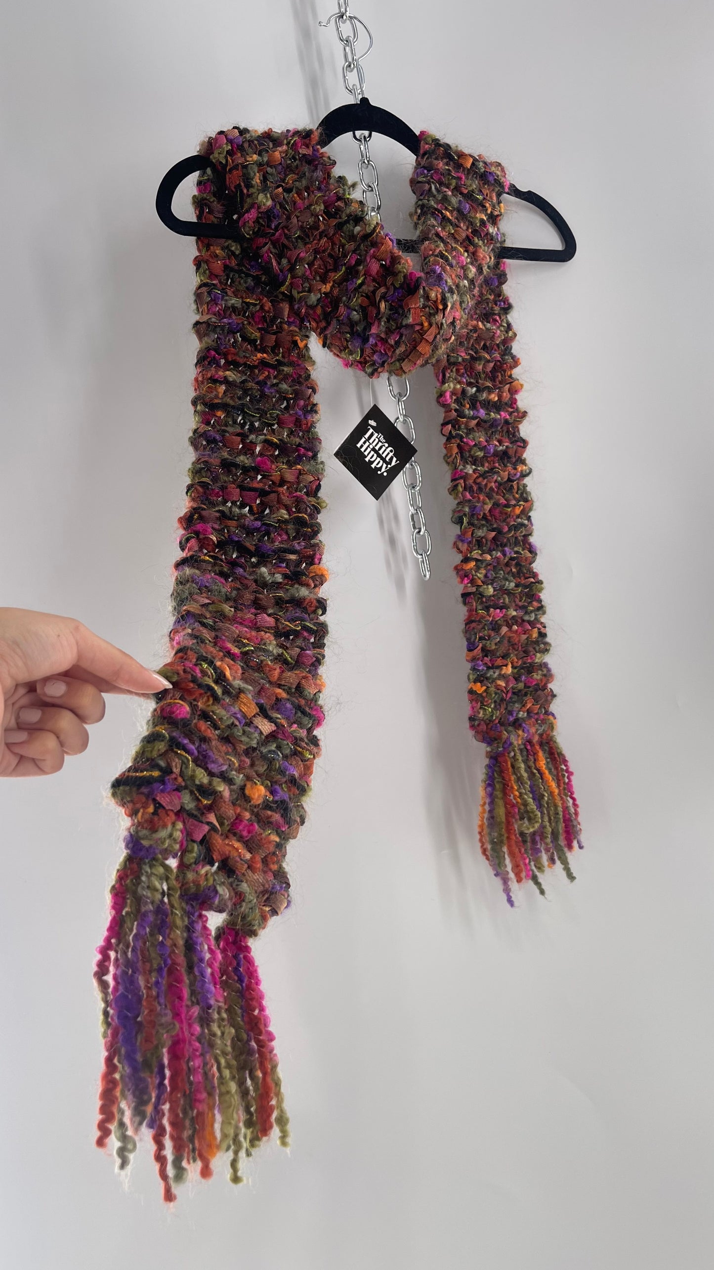 Vintage Jewel Tone Fuzzy Knot Scarf with Tinsel Ribbon