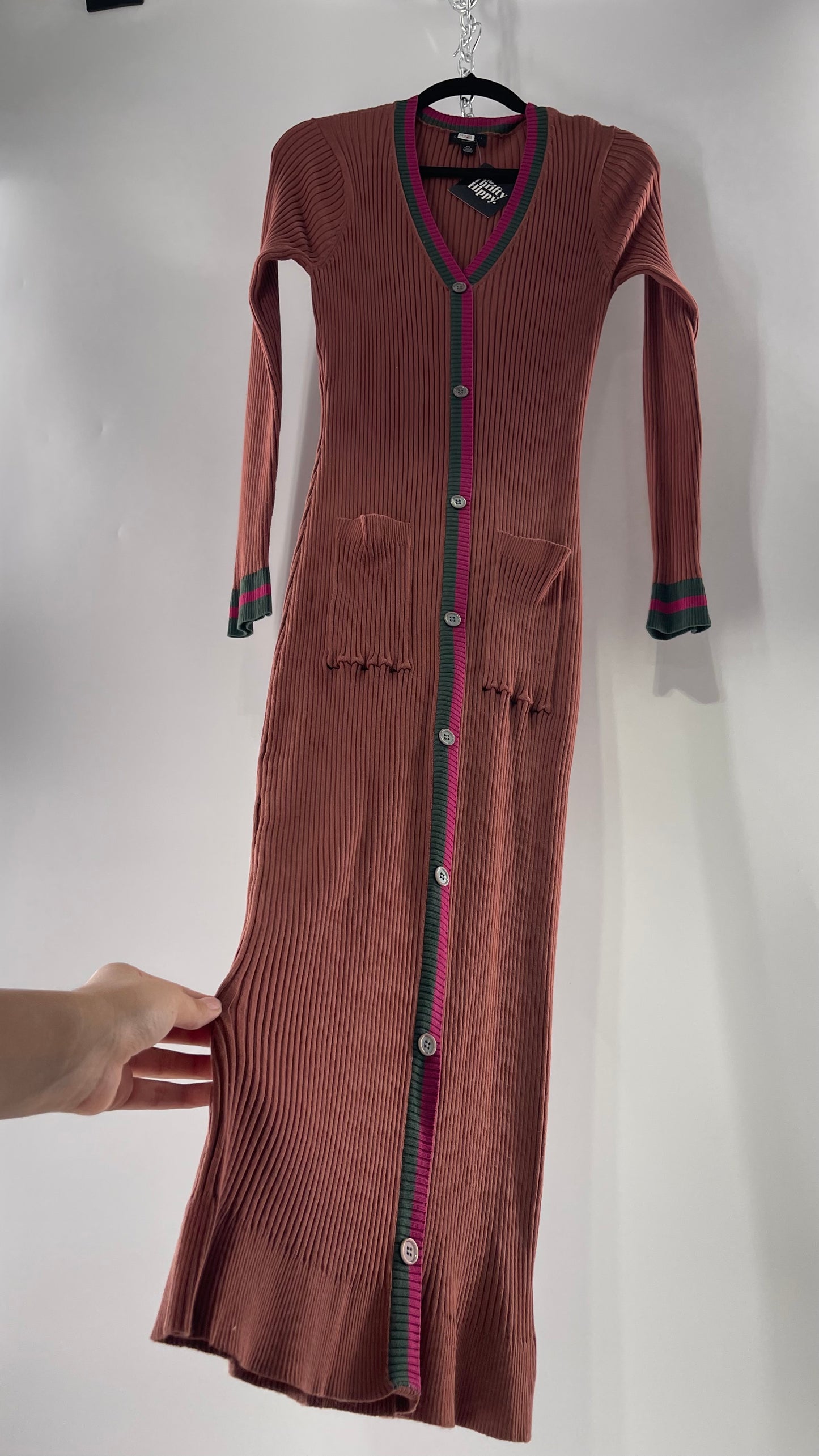 Current Air Los Angeles Brown Ribbed Knit Long Sleeve Button Front Dress with Fuchsia and Forest Green Striping (XS)