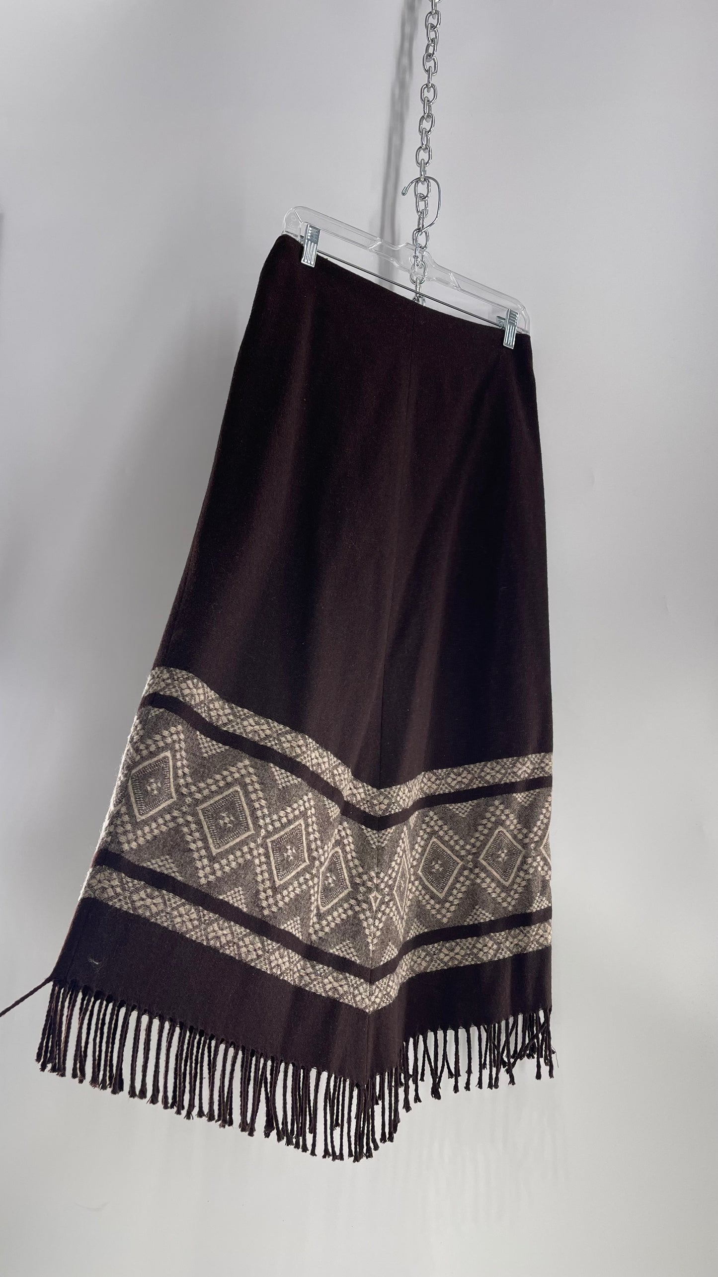 Vintage JONES NY COUNTRY 60% Wool Brown Woven Skirt with Grey Patterned Fringe Hem (6)