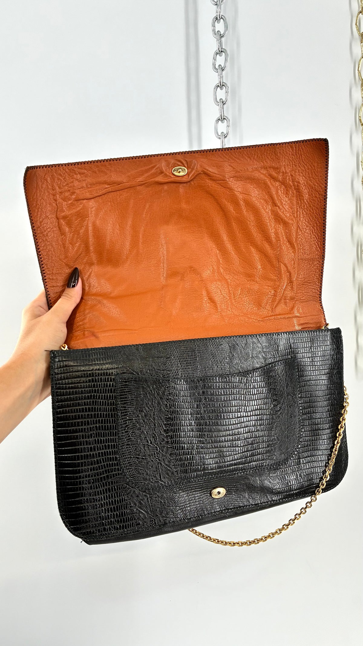 Vintage Exotic Genuine Leather Multicolor Reptile-Texture Patchwork Clutch With Chain Strap
