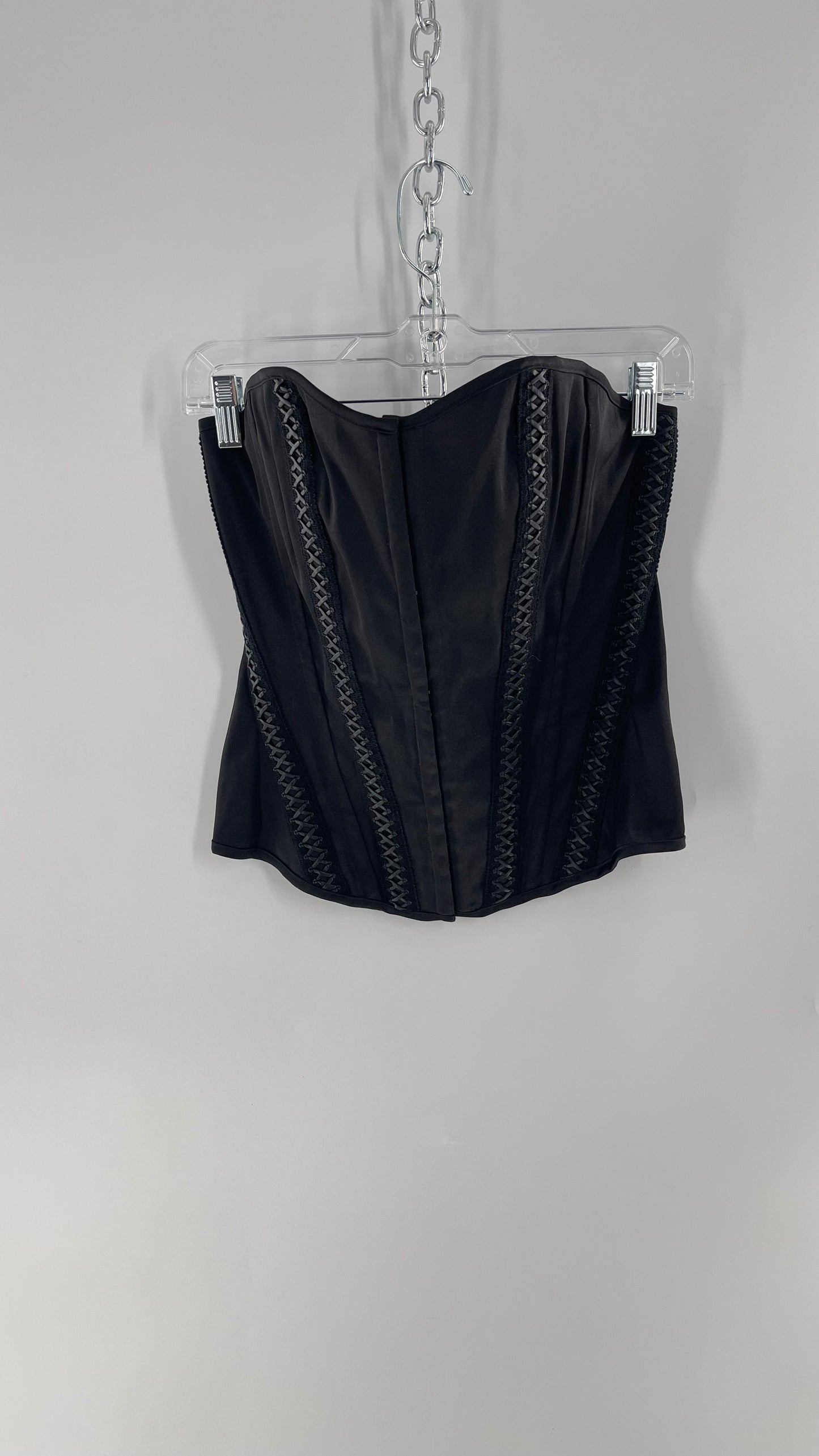 Vintage Charlotte Russe Black Boned Corset with Criss Cross Leather Details and Lace Up Back (Large)