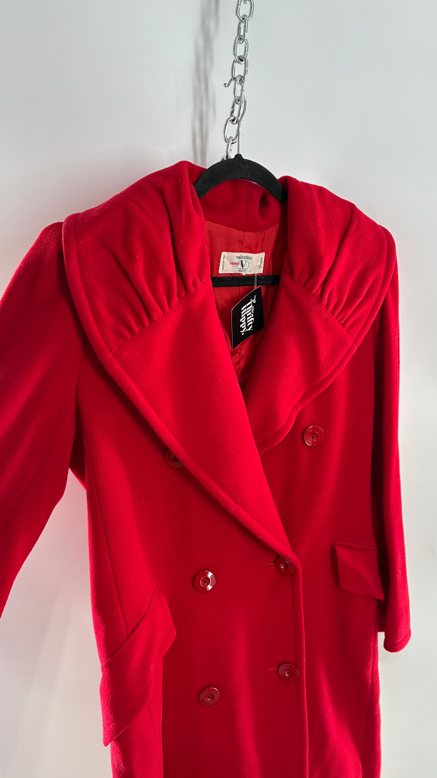Vintage VALENTINO Miss V Red Sweeping, Tie Back and Pleated/Draped Collar Coat