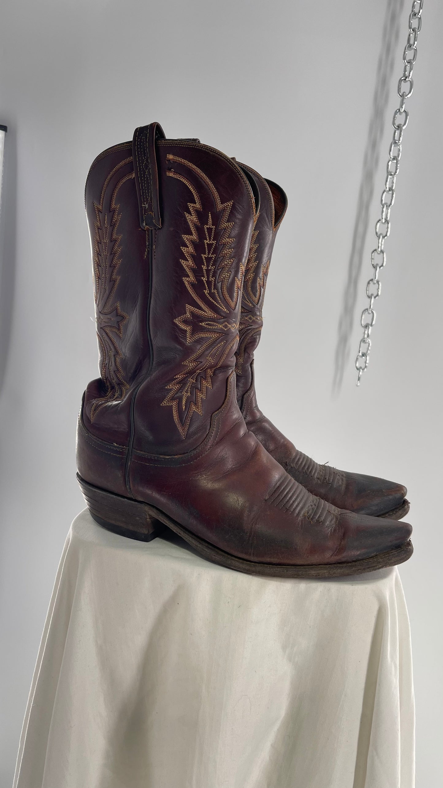 Vintage Men’s 1883 Luchesse Lived In Brown Cognac Leather Pointed Toe Cowboy Boots with Embroidery (12)