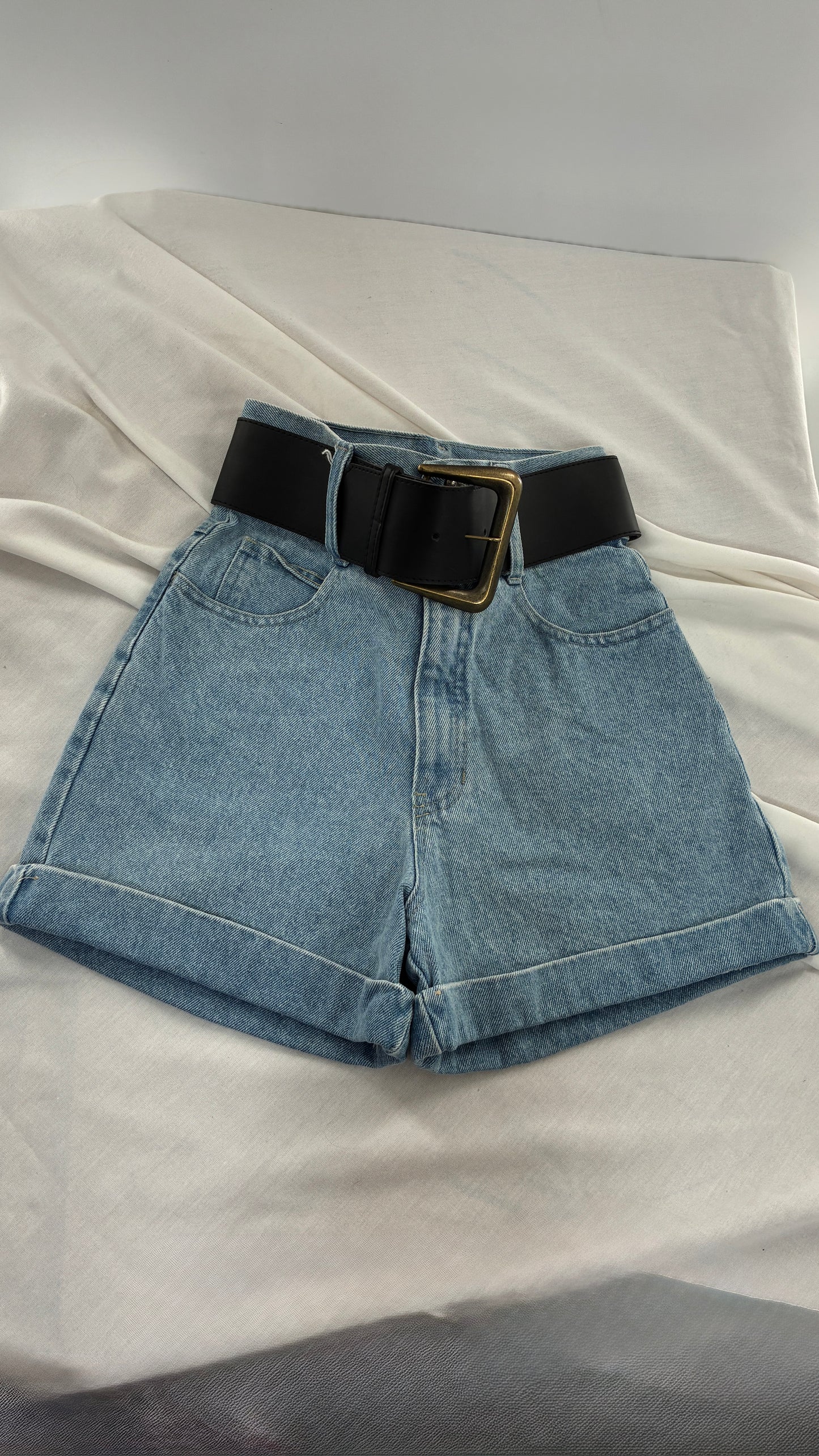 Vintage 1990s EXPRESS Ultra High Waisted Jean Shorts with Wide Waist Belt (1/2)