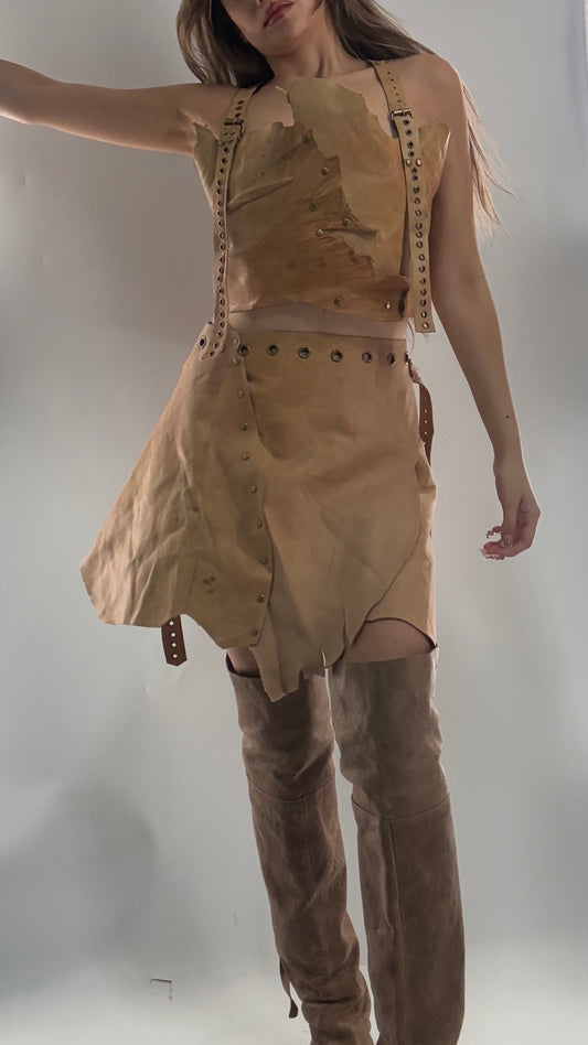 CUSTOM Handmade Rugged and Reversible Distressed Leather Two Piece Set with Grommet Waistband (XS-XL)