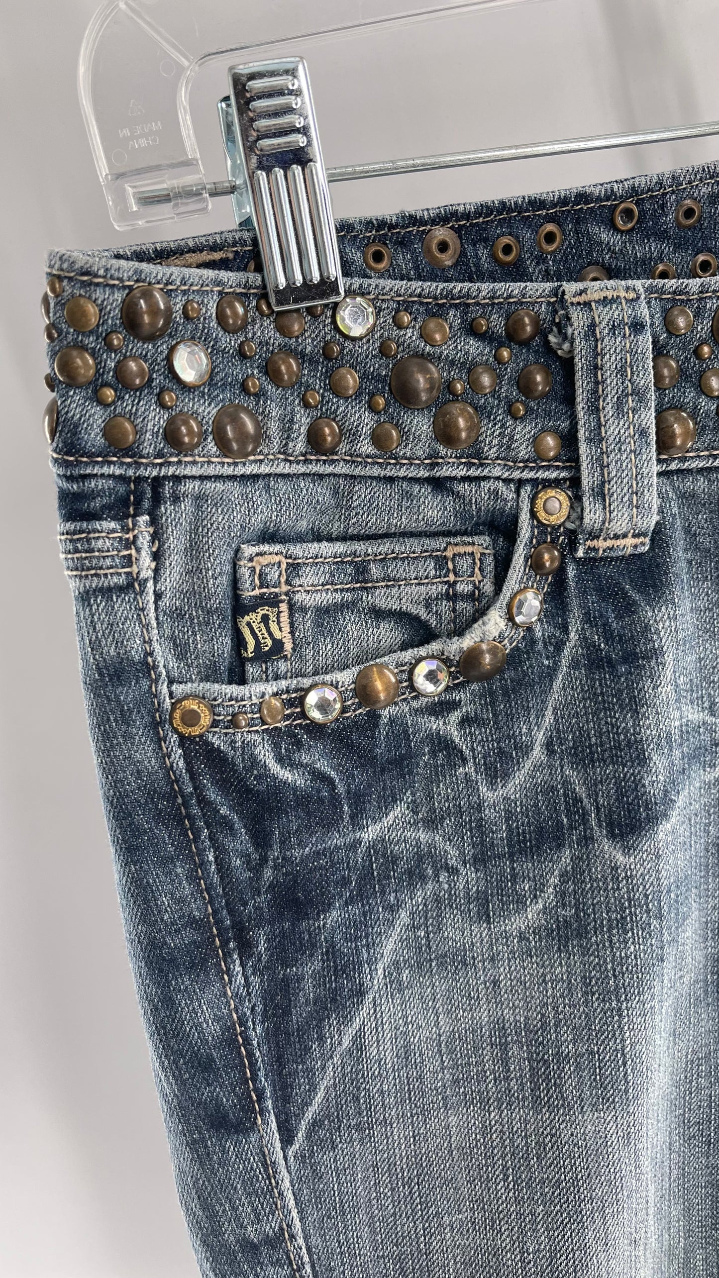 Vintage Miss Me Grainy Stone Wash Kick Flares with Studded Low Waist and Back Pockets (26)