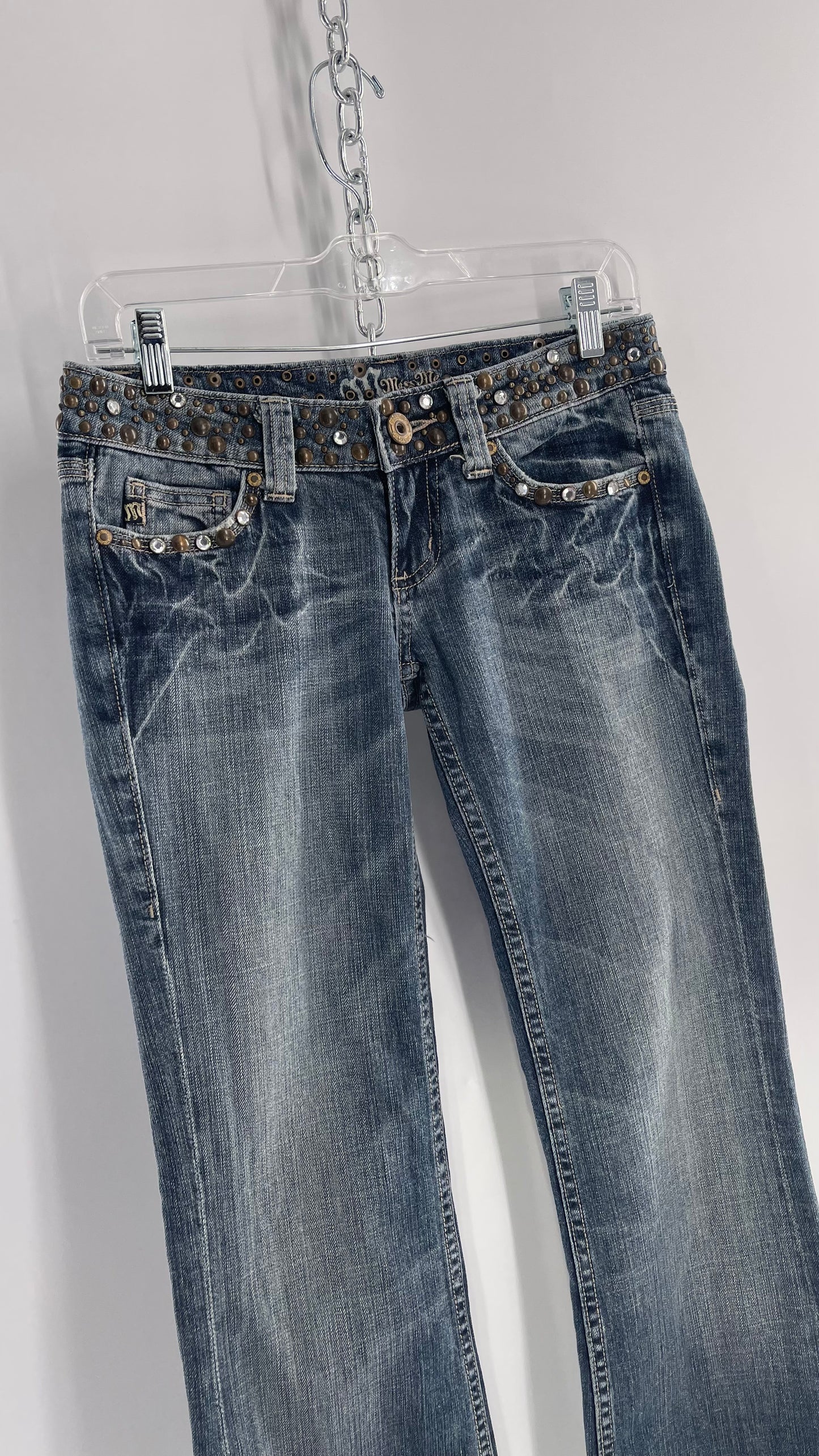 Vintage Miss Me Grainy Stone Wash Kick Flares with Studded Low Waist and Back Pockets (26)