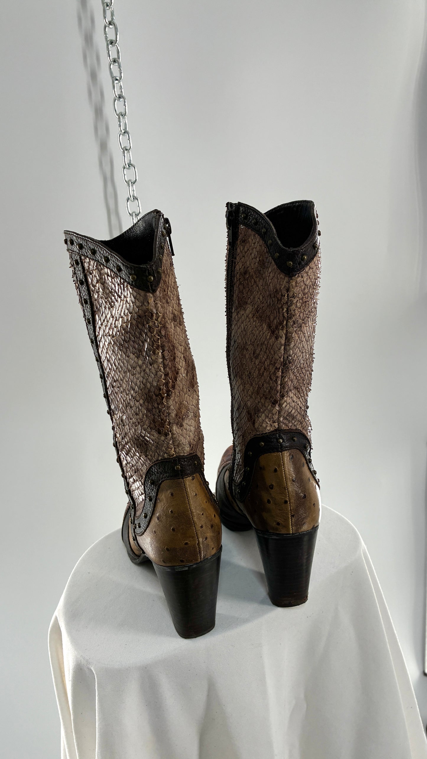 Vintage STUART WEITZMAN Stampede Boots Ft Snake, Crocodile and Ostrich Embossed Leather (8.5)