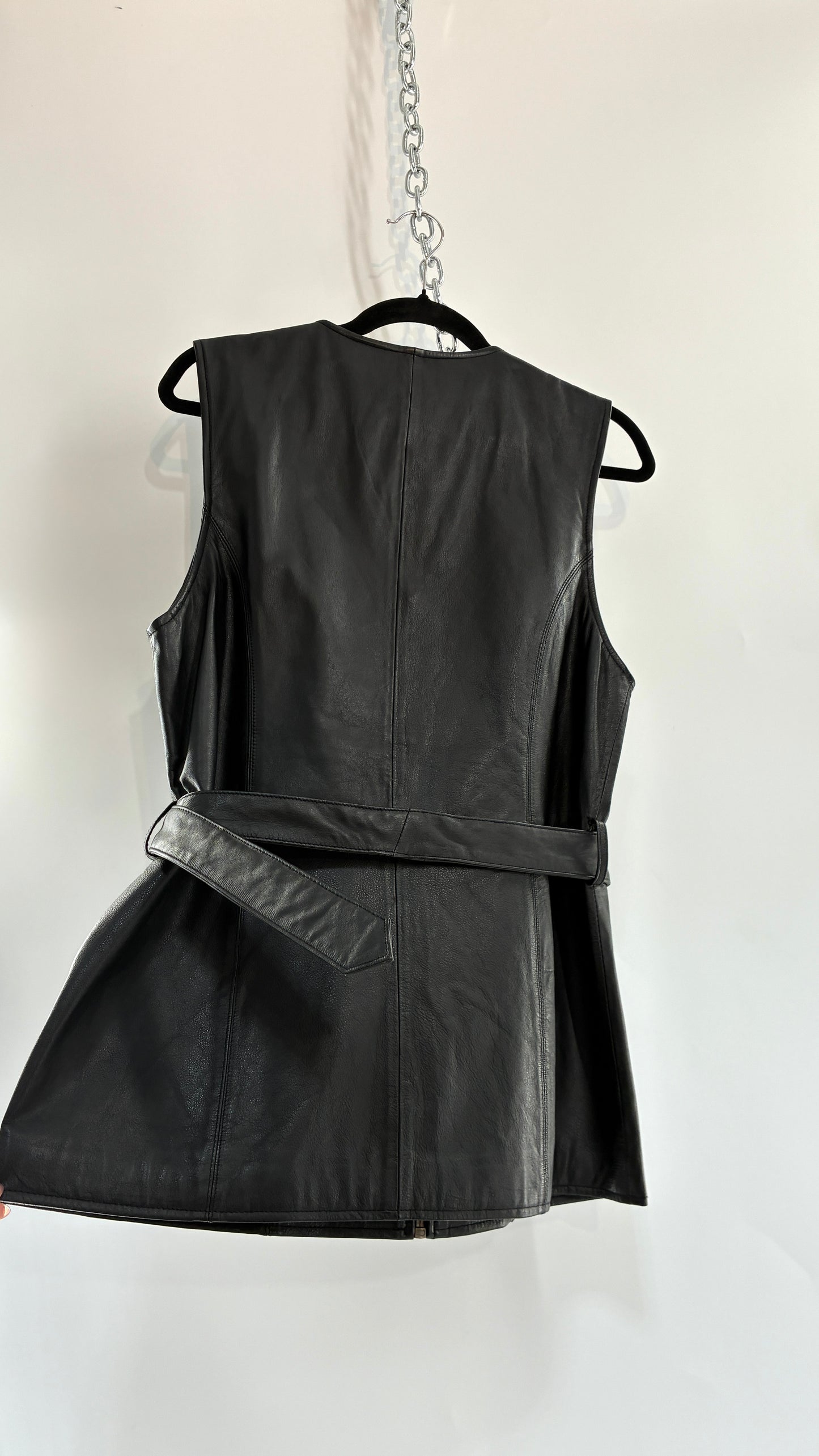 Vintage OTELLO PELLE Black Genuine Leather Belted Vest or Mini Dress Overlay (Small)