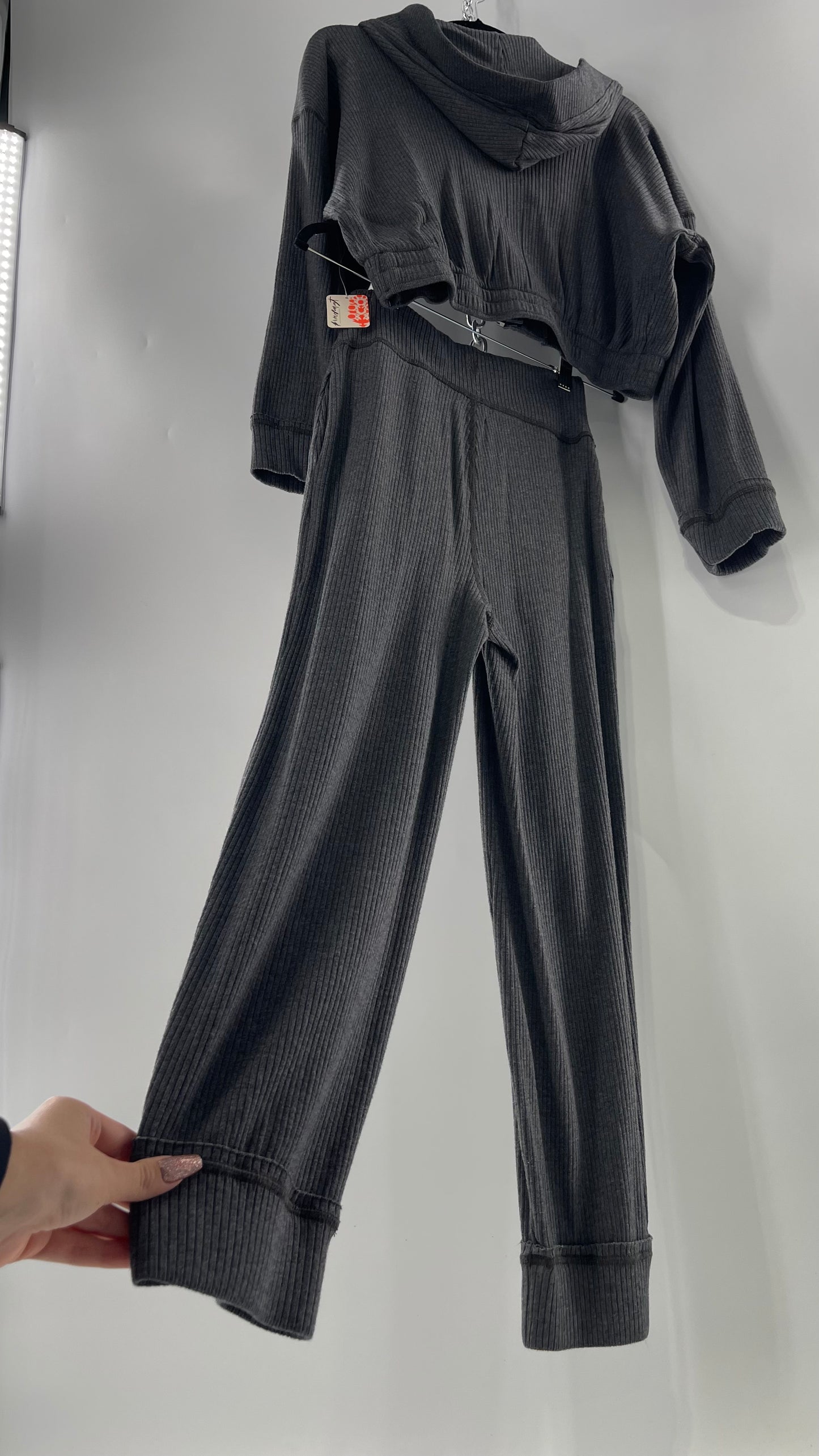 Free People Charcoal Slate Gray 2 Piece Set with Cropped Hoodie and Jogger Sweats with Tags Attached (XS)