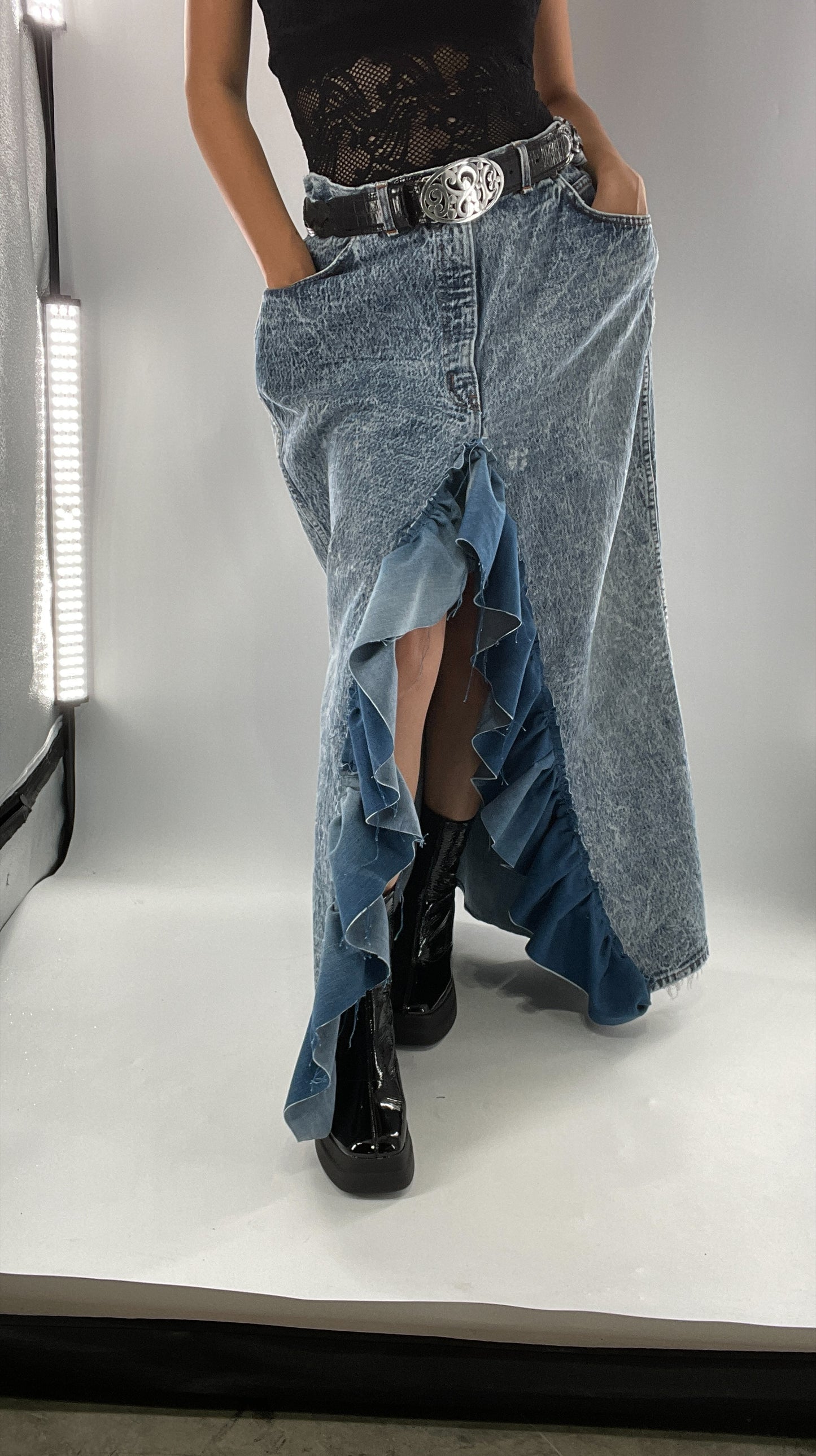 Custom Handmade Acid Wash Denim Slit Front Ruffled Skirt with Bow Bum (Large)