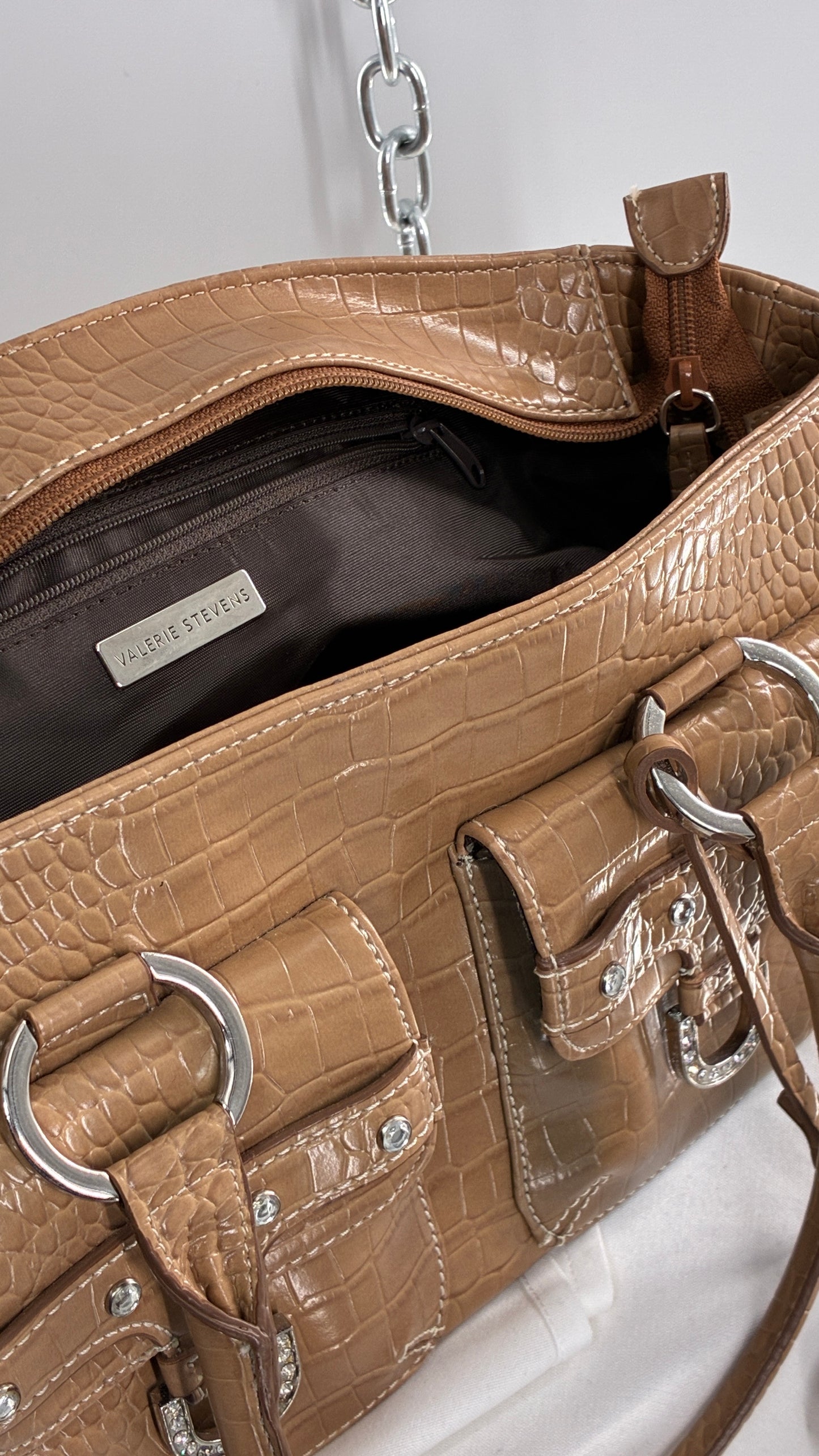 Vintage VALERIE STEVENS Crocodile Embossed Tan Shoulder Bag with Rhinestones and Heart Charm