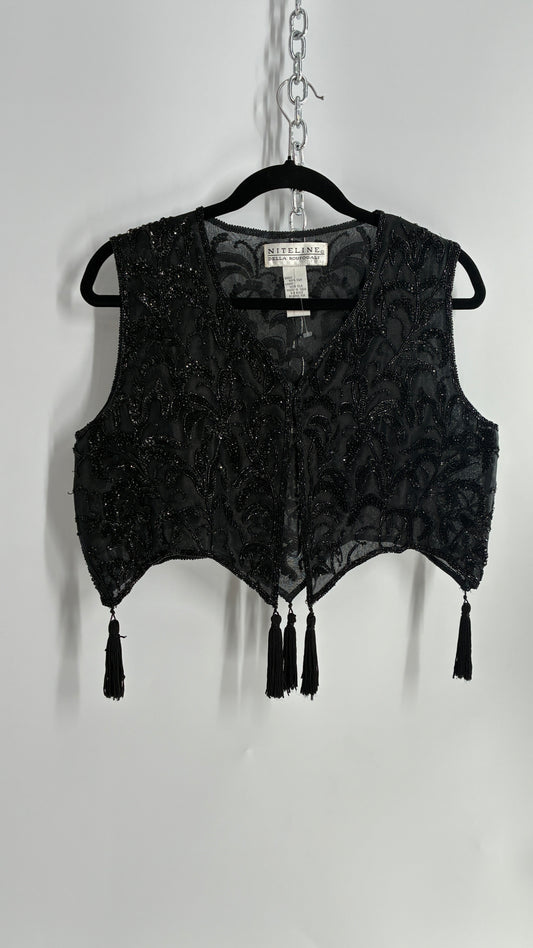 Vintage 1990s NITELINE 100% Silk Beaded Cropped Vest with Tassel Details (Medium)