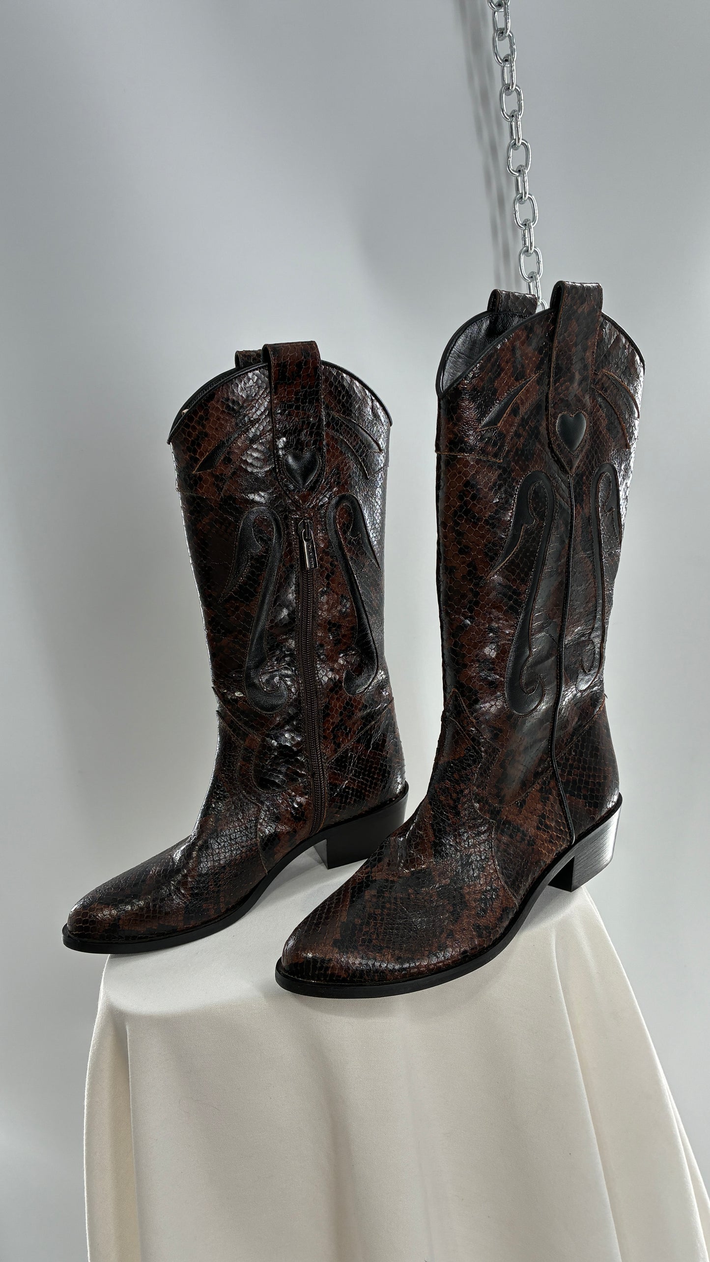 Vintage LABLANC Snakeskin Cowboy Boots with Hearts Made in Italy (36)