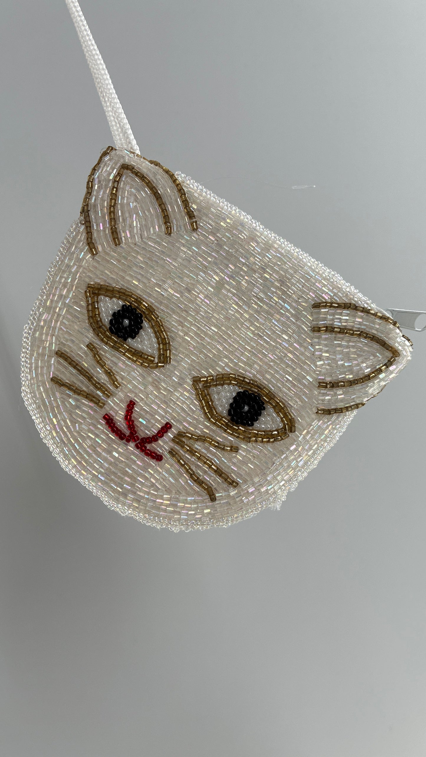 Vintage Beaded White Cat Head Coin Pouch