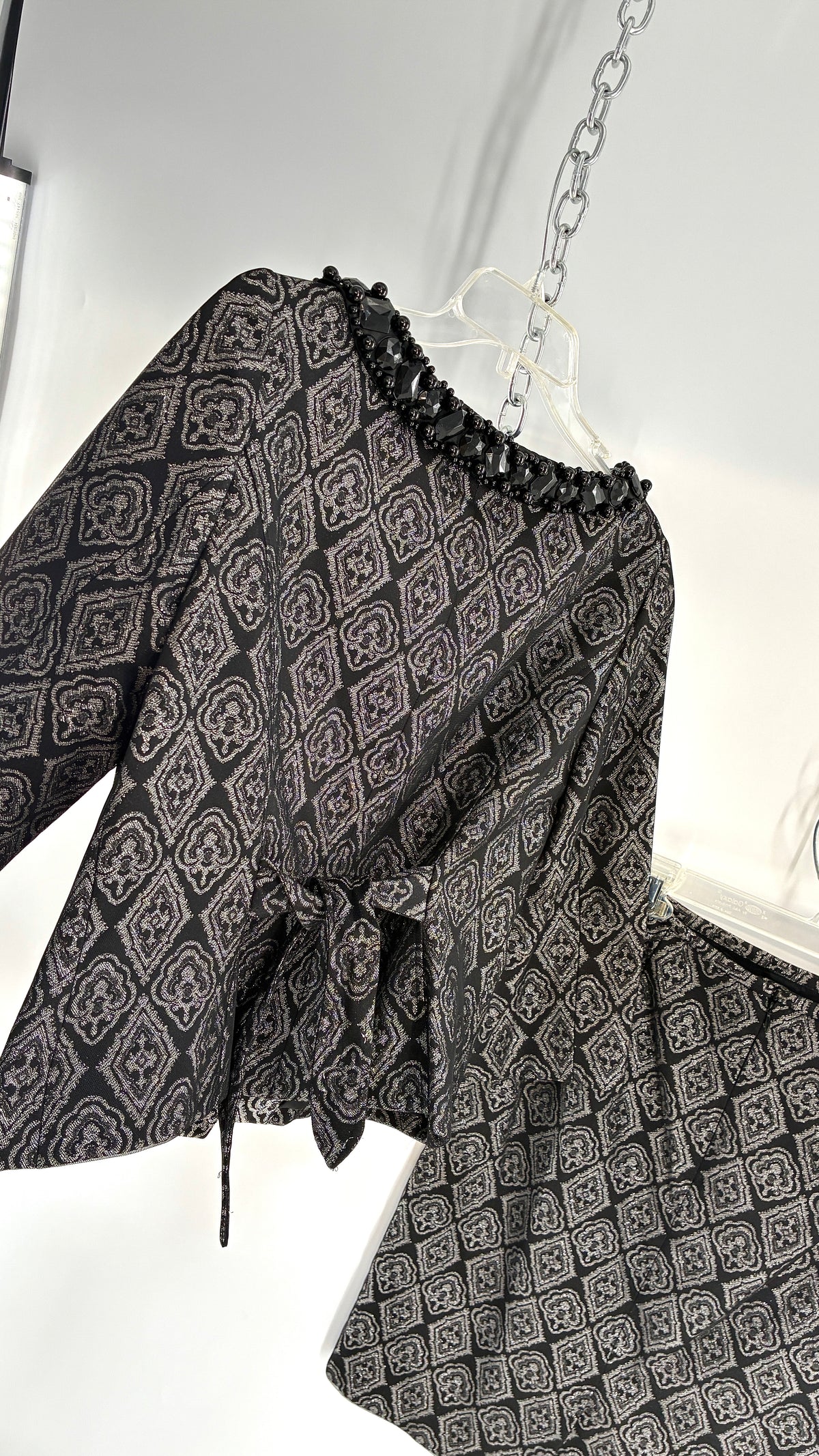 Vintage ADRIANNA PAPPELL Set with Brocade Underlay, Black Mesh Overlay, Waist Snatch, and Mini Skirt (10,8)