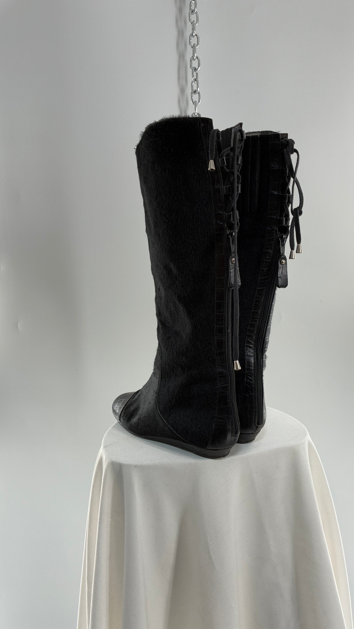 Vintage MIGLIORINI Black Genuine Calf Hair/Fur Boots with Heel, Made in Italy (7.5)