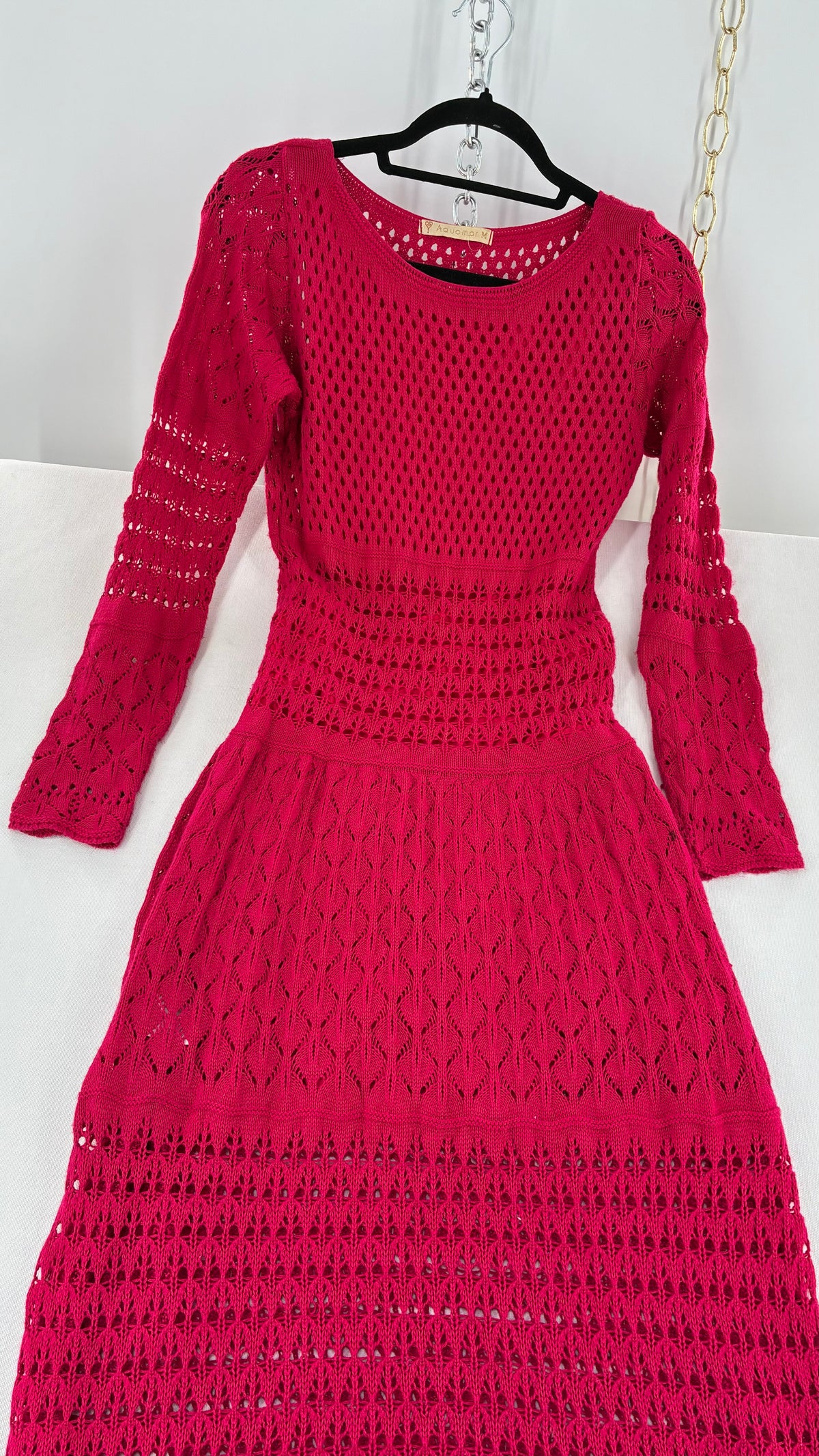 Imported Vintage AQUAMAR Hot Pink Crochet Full Length Dress with Waist Definition  (M)