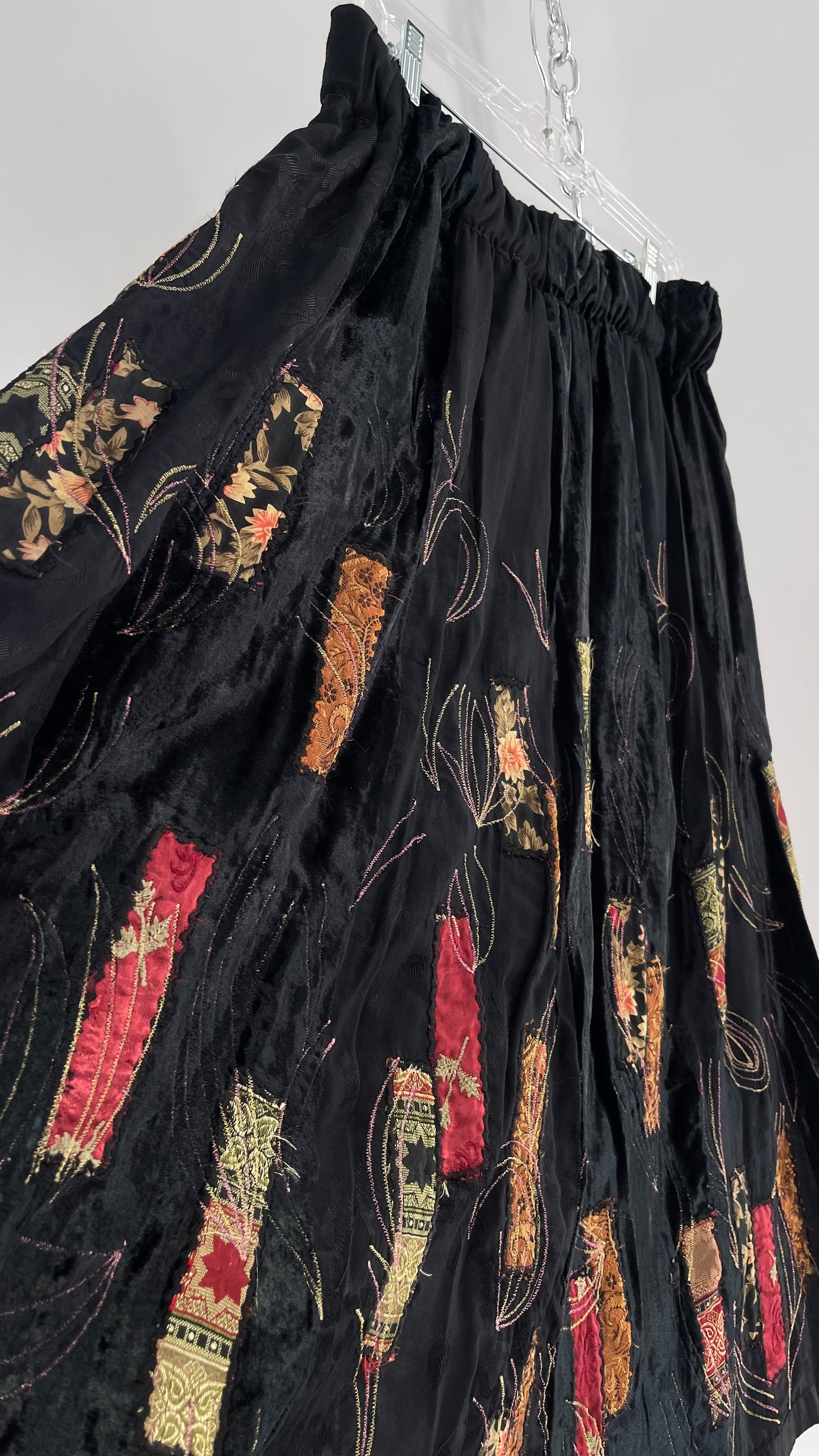 Vintage Black Velvet and Embossed Florals Patchwork Skirt with Metallic Stitch Detailing with Lining and Thick Waistline (M)