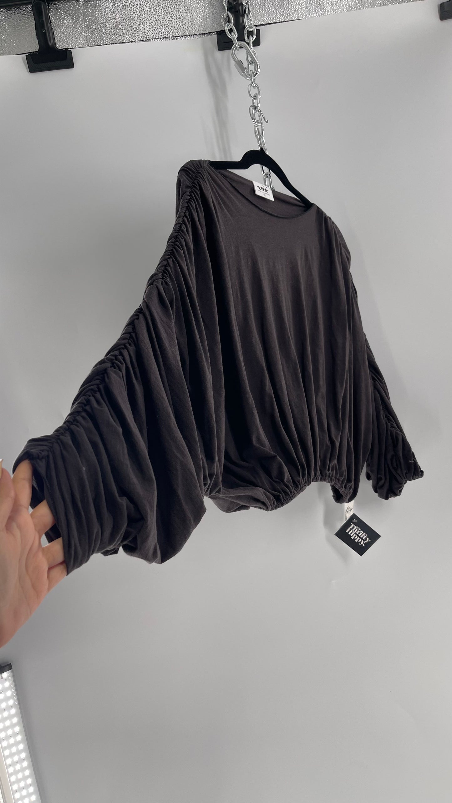 LNA California Made Free People Distopian Dark Grey Drape, Slouchy Ruched Long Sleeve with Tags Attached (Small)