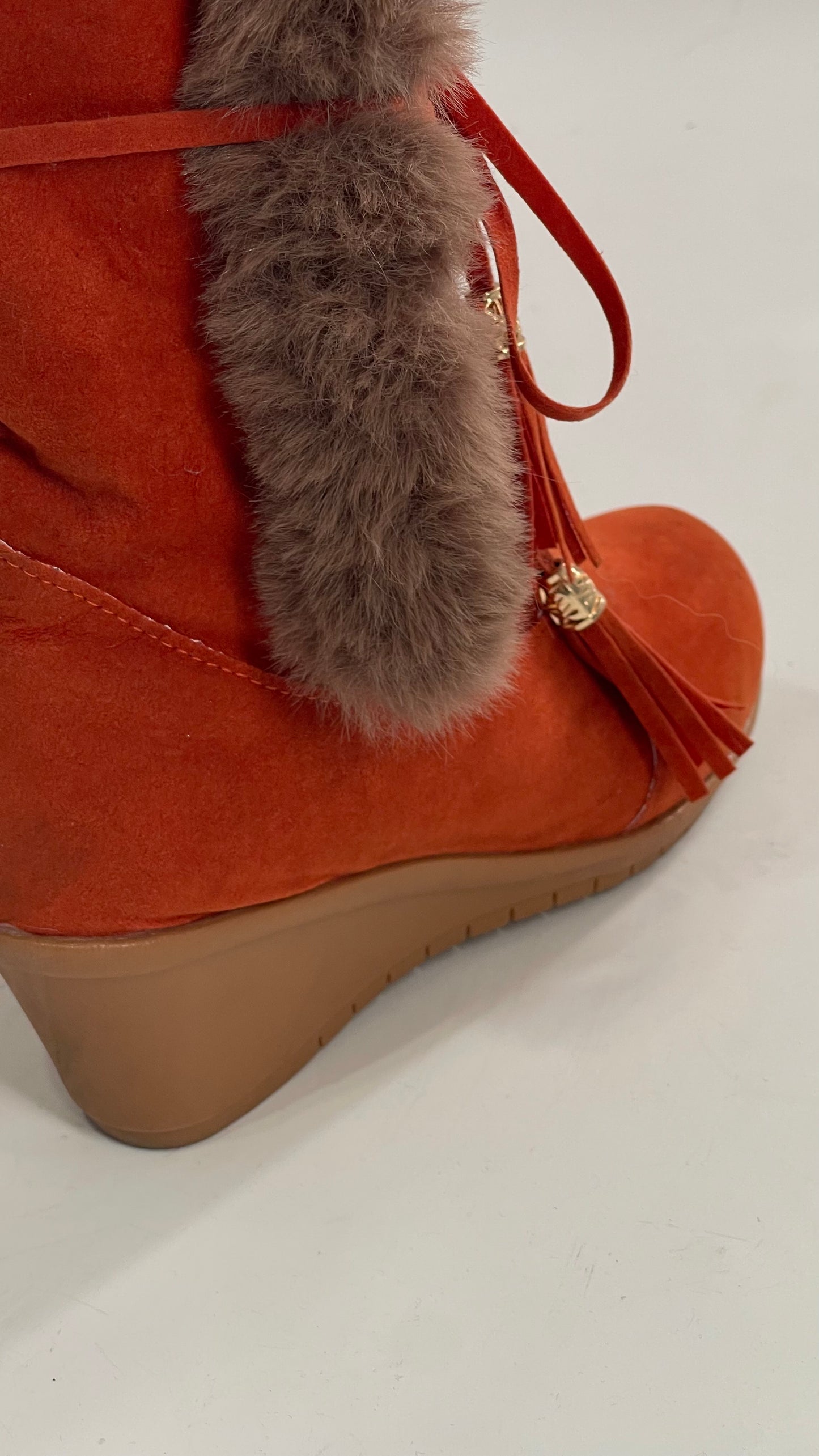 Faux Suede Lace Up Orange Wedge Boots with Faux Fur (37)