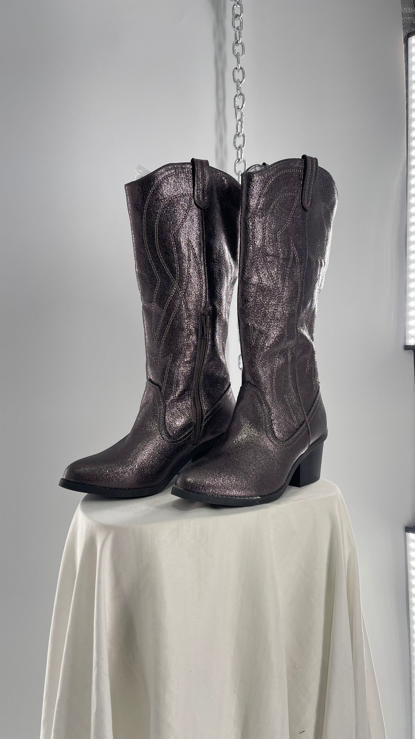 Vintage POP Metallic Silver Knee High Cowgirl Boots with Pointed Toe (6)