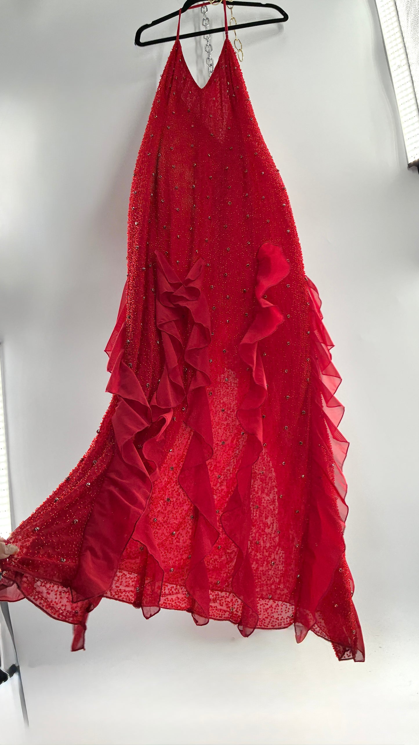 OH POLLY Red Beaded Gown with Ruffled Detailing NWOT (14)