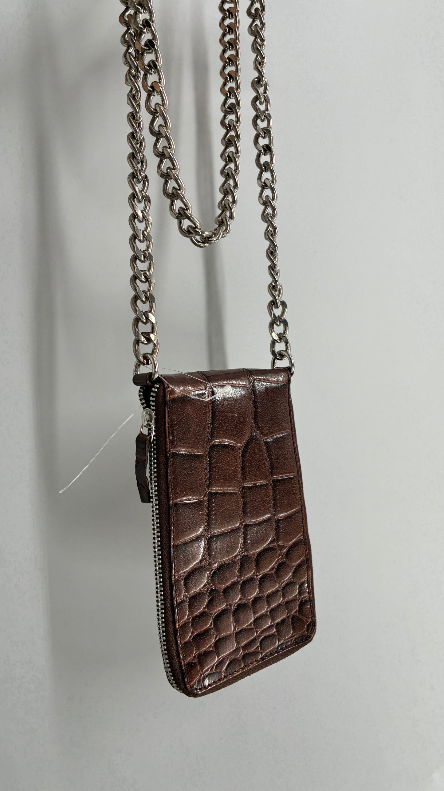 Free People Brown Crocodile Embossed Leather Phone Case Purse