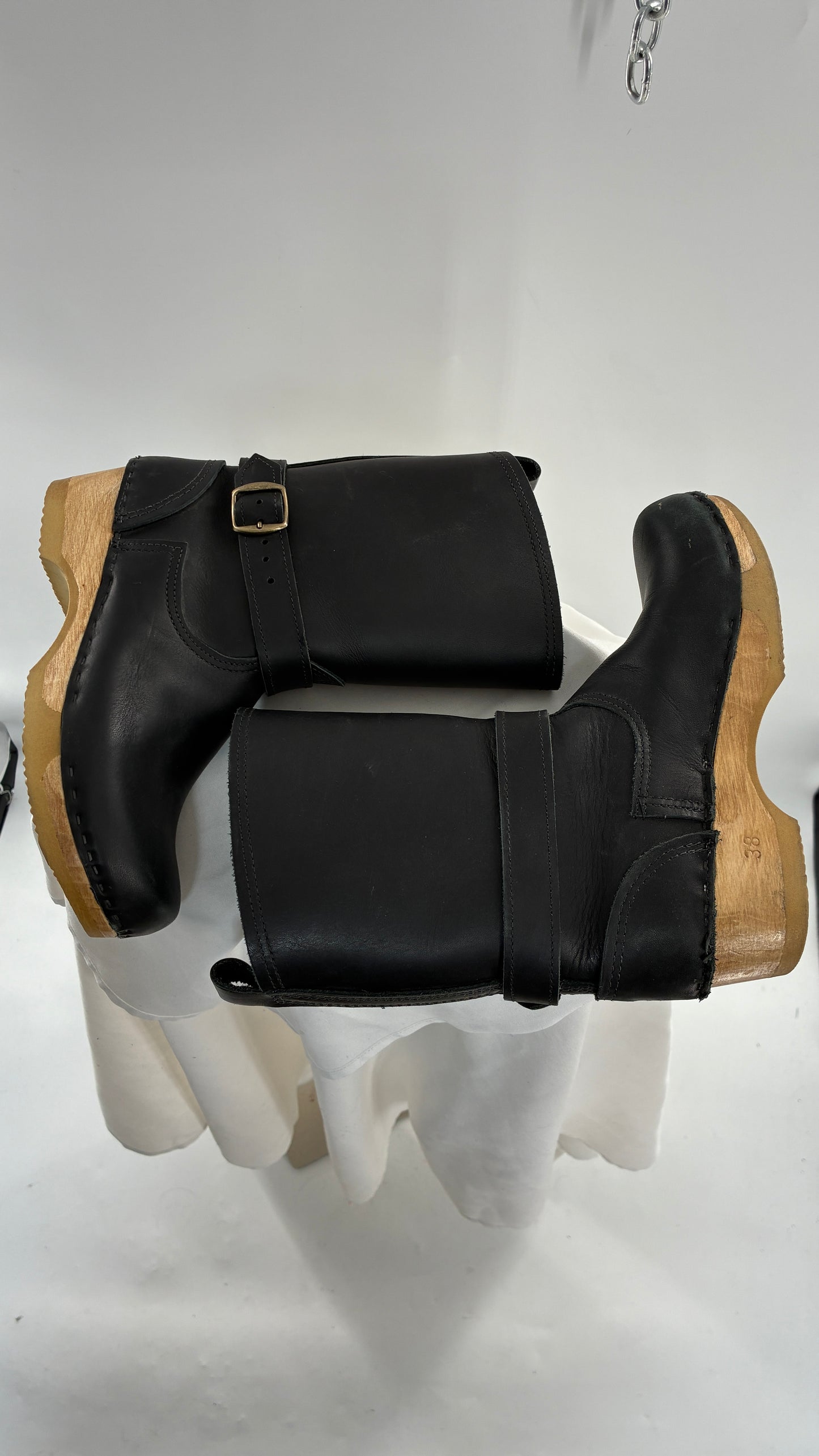 Vintage SVEN Swedish Thick Leather Black Clog Boots with Wooden Sole (38)