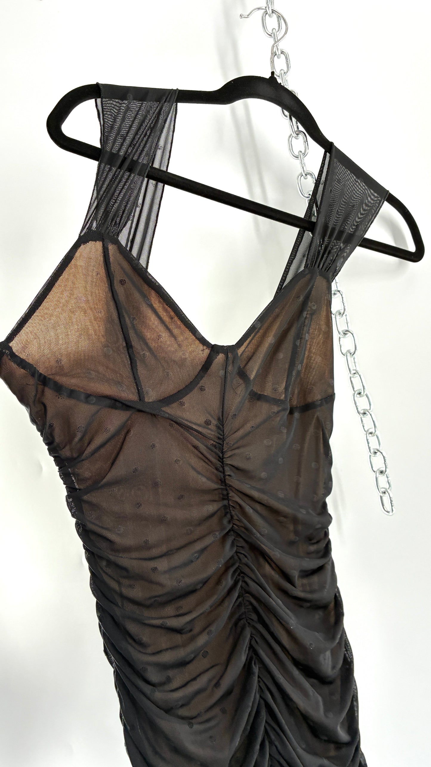 Urban Outfitters Nude Underlay Sheer Black Overlay Polka Dotted and Ruched Bodycon Mini Dress (XS)