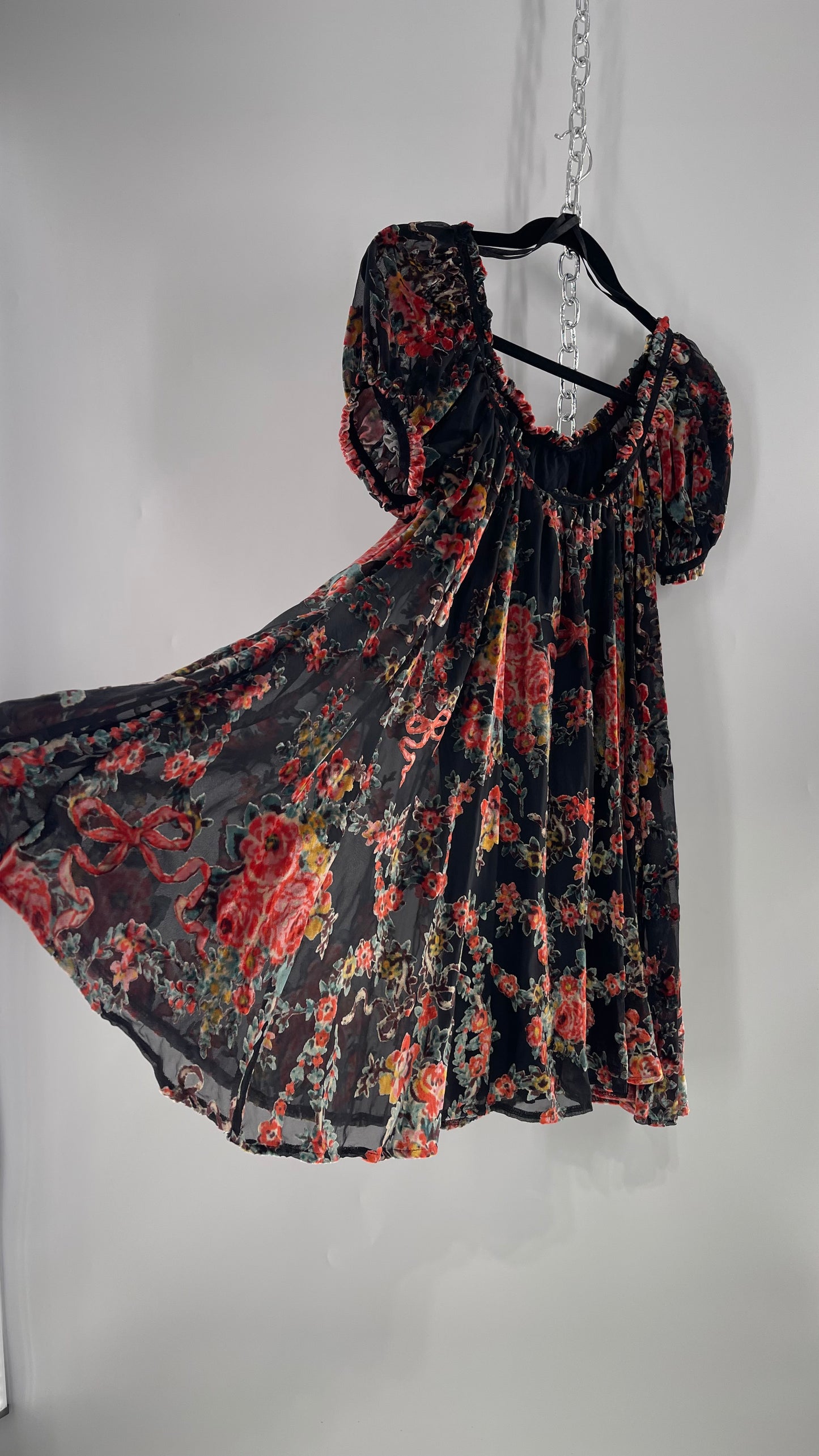Free People Beautiful Blooms Velvet Florals Babydoll Dress (Small)