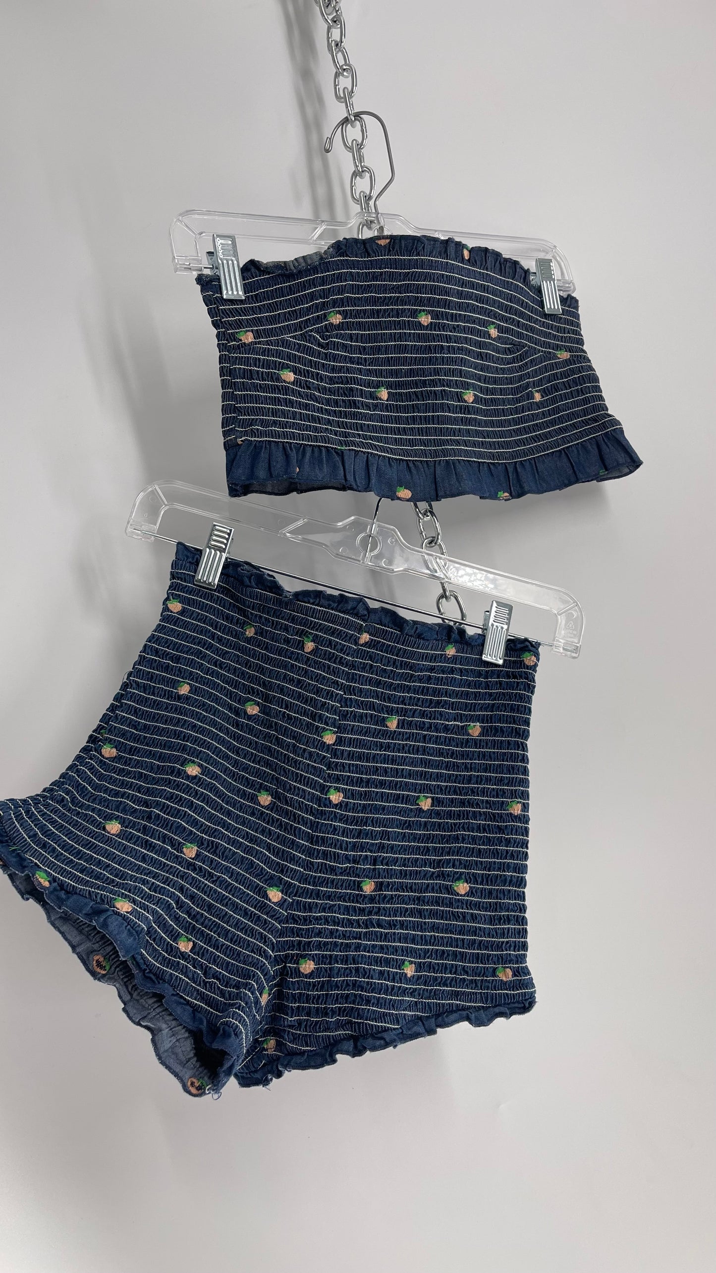 Urban Outfitters Denim 2 Piece Tube Top and Shorts Set with Embroidered Fruit (L Top S Bottoms)