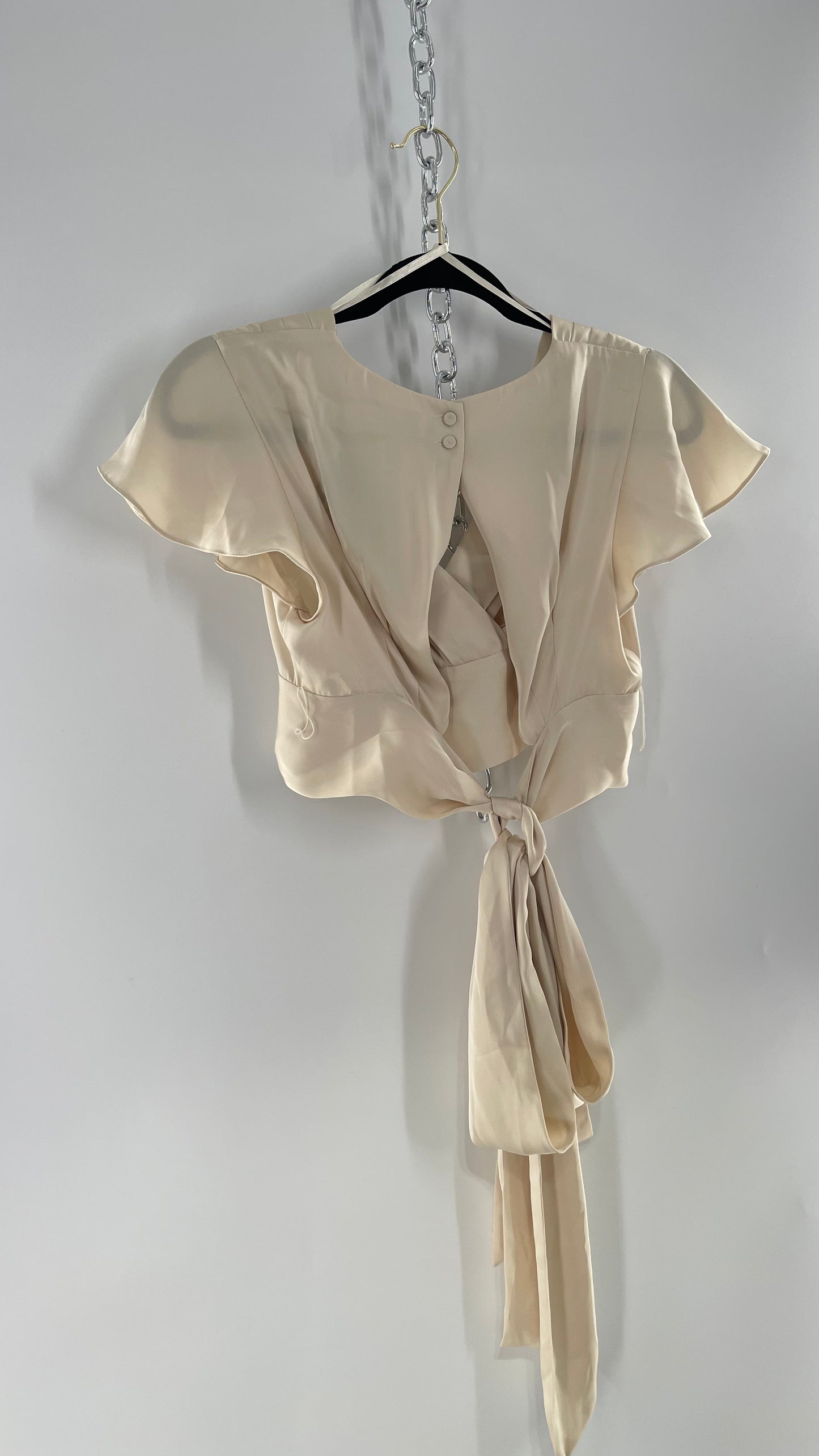 BCBGMAXAZRIA Off White Ivory Satin Tie Around Waist Cropped Blouse with Button Back and Tags Attached (XXS)