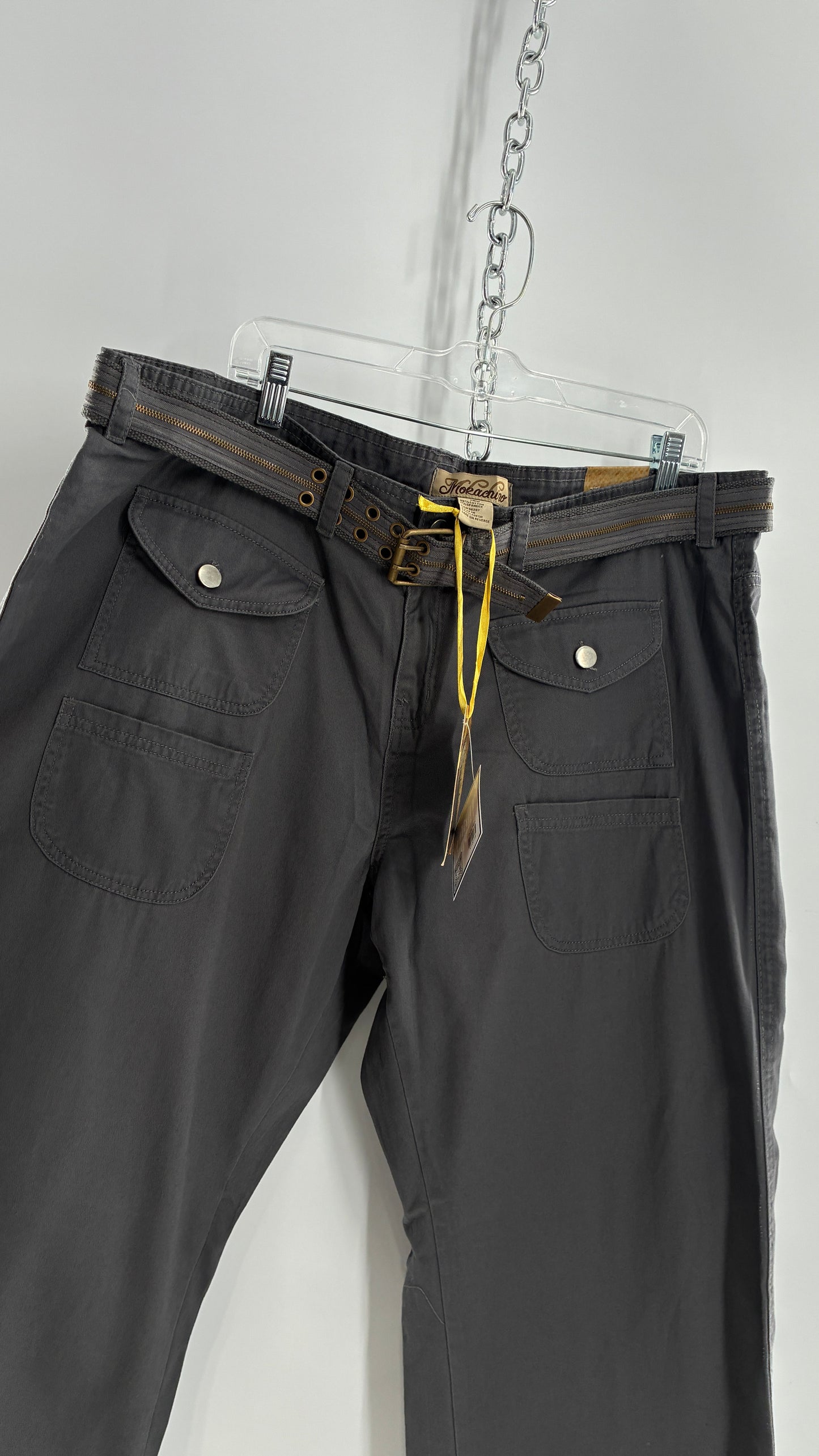 Deadstock Vintage MOKACHINO Grey Low Rise Kick Flares with Zipper Belt and Hip Pockets (18X)