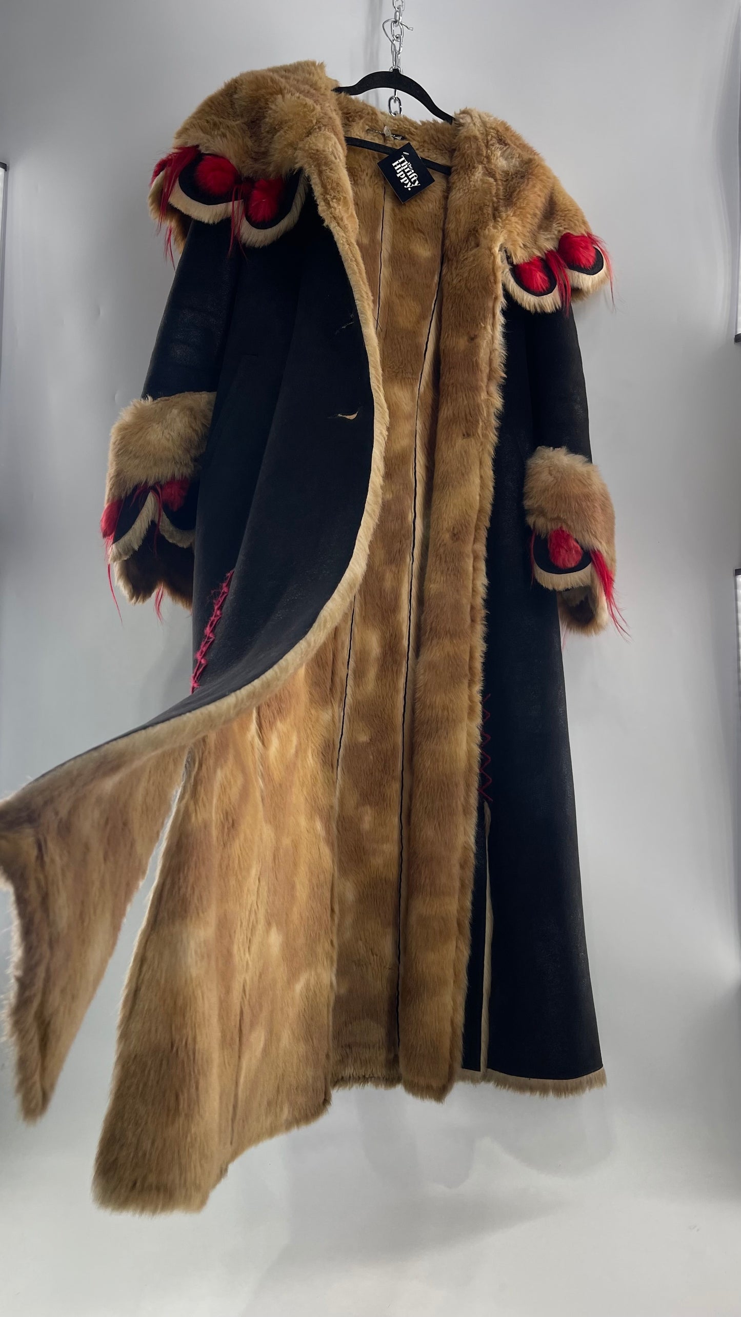 Vintage Russian Black Coat with Brown Fur Piping/Lining, Red Feathers, Scalloped Sleeve, and Hood (Medium)