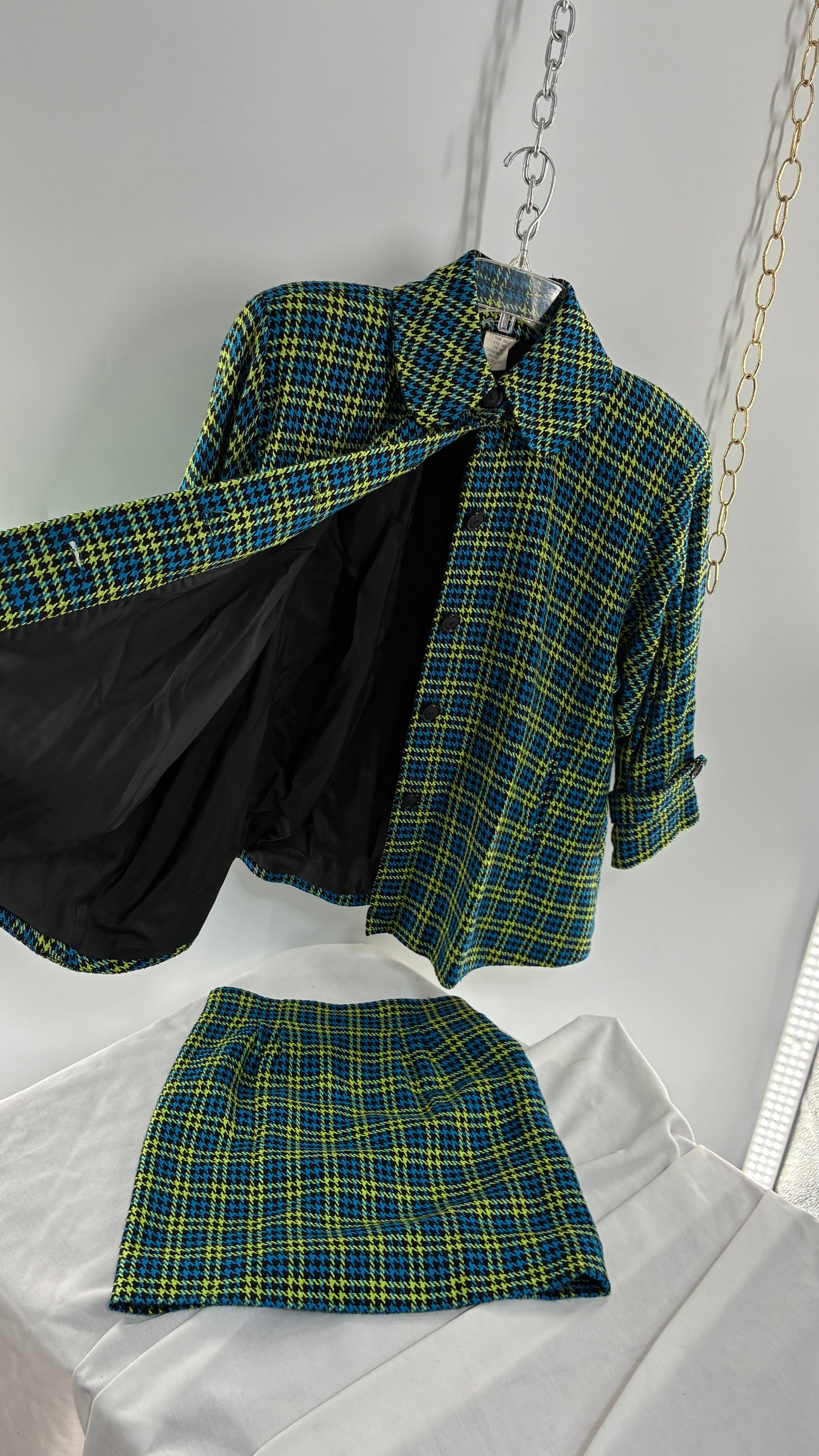 Vintage HONG KONG Wool Blend Neon Green and Blue Plaid Jacket and Micro Mini Set (Small)