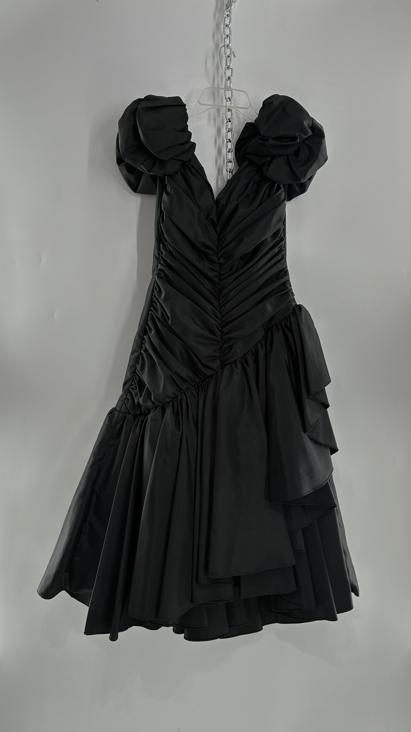 Vintage 1980s Black Gown with Ruched Bodice, Exaggerated Puff Sleeves, and Tiered Skirt (Measured)