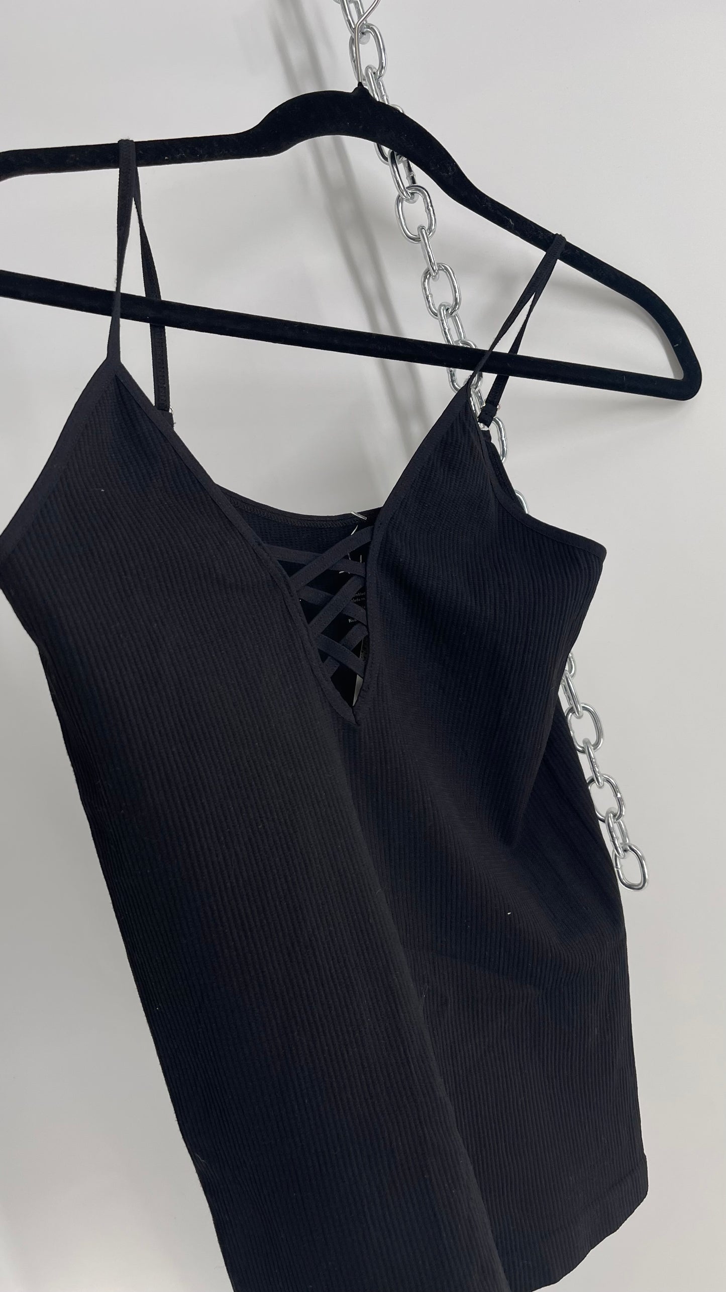 Free People Black Ribbed Lace Up Tank (XS/S)