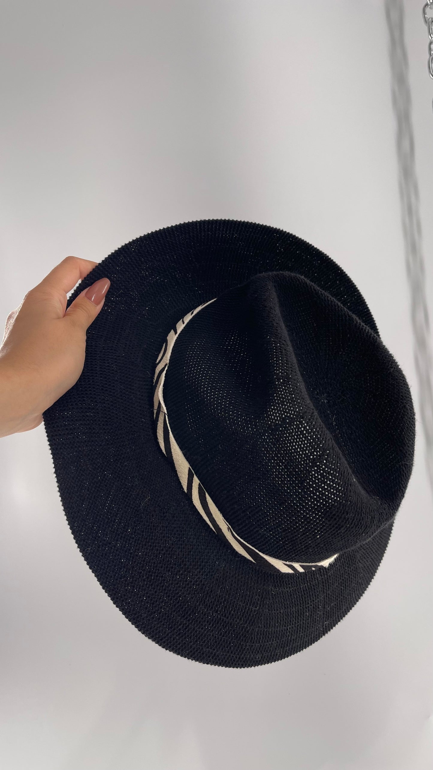 Free People Black 55% Cotton Woven Sun Hat with Textured Fur Belt